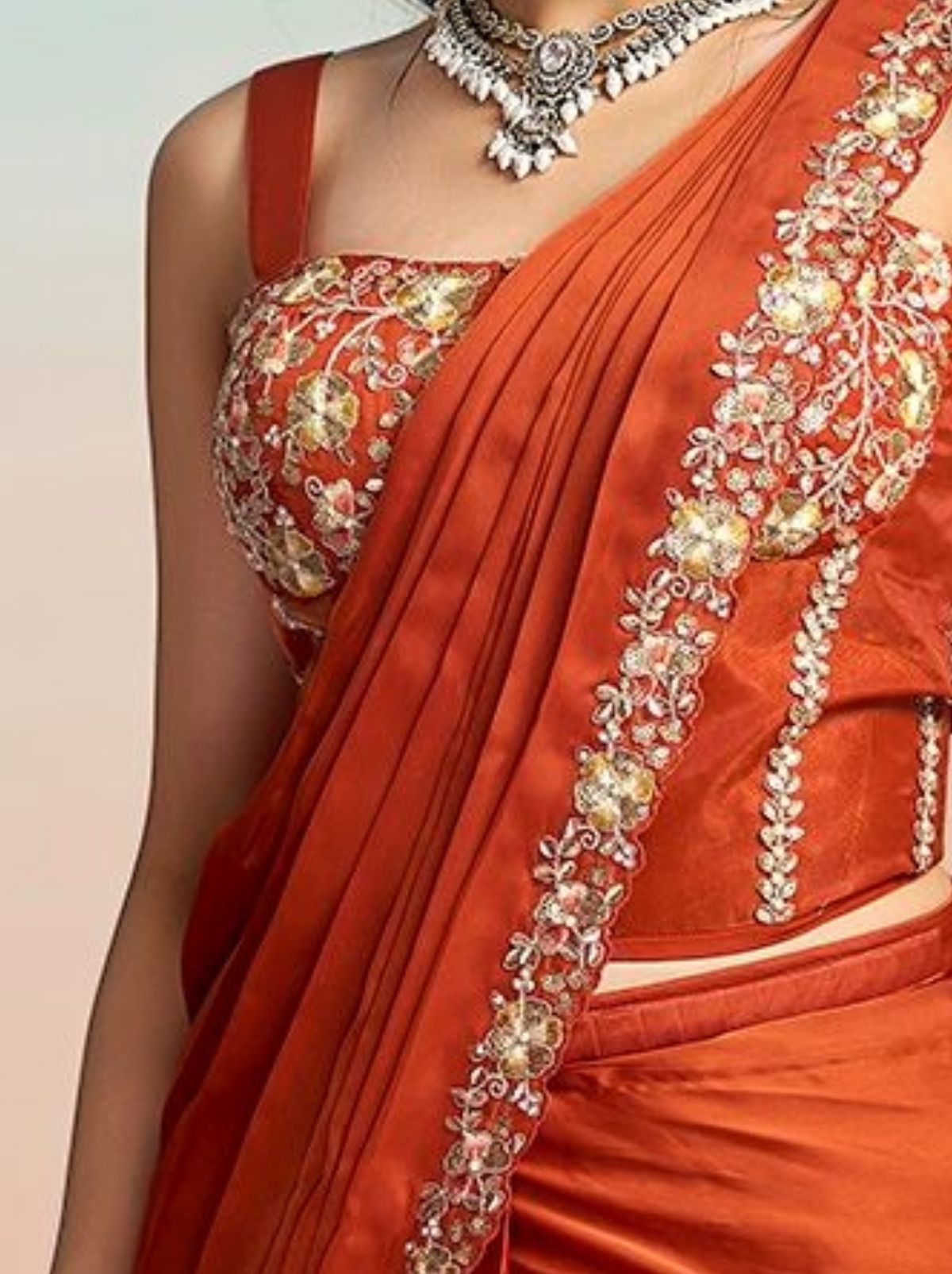 Squash Orange Premium Satin Silk Ready to Wear Saree with Belt