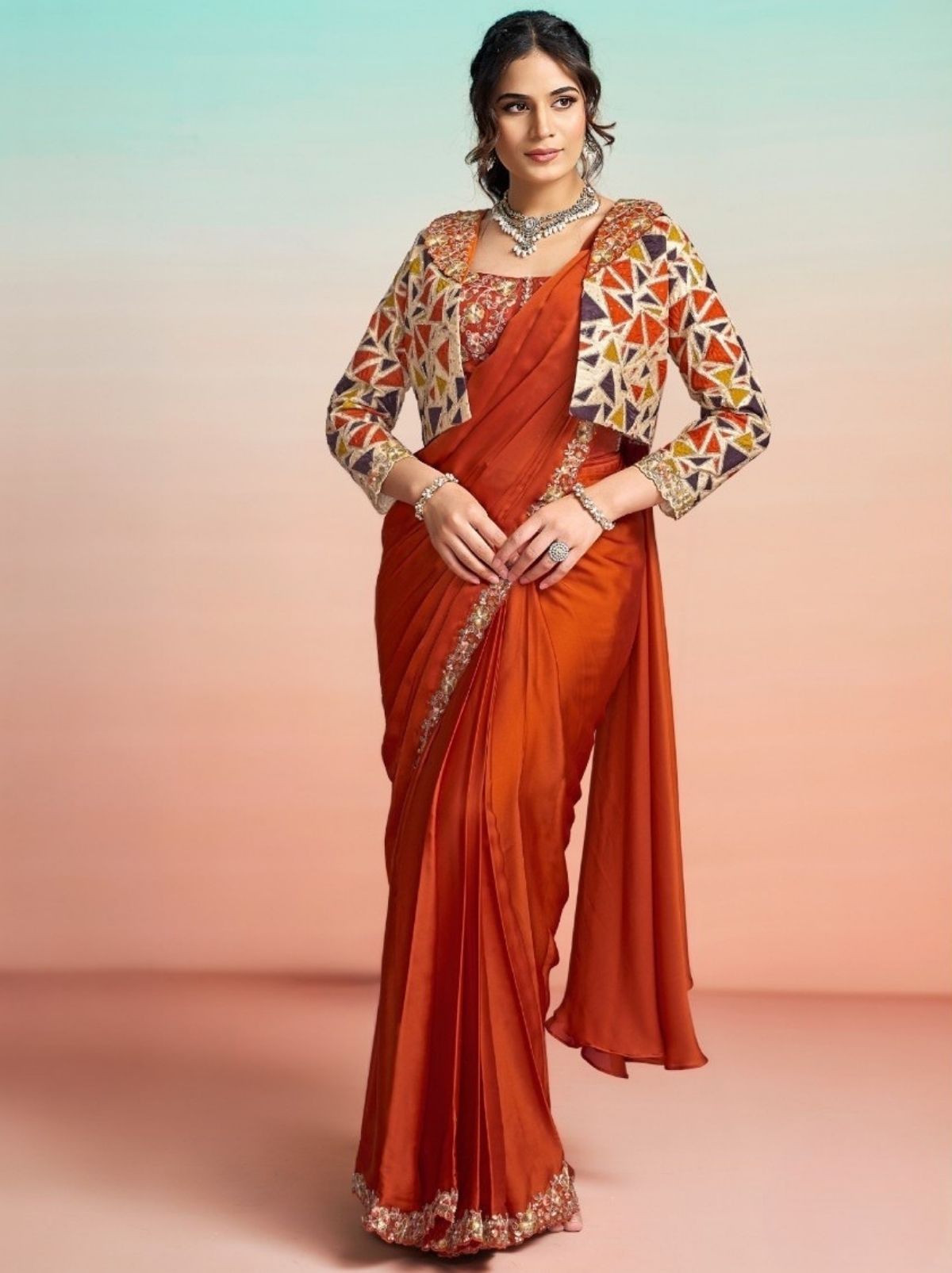 Squash Orange Premium Satin Silk Ready to Wear Saree with Belt