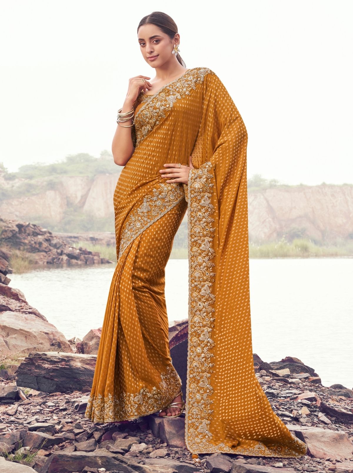 Ochre Orange Premium Satin Silk Saree With Blouse Piece