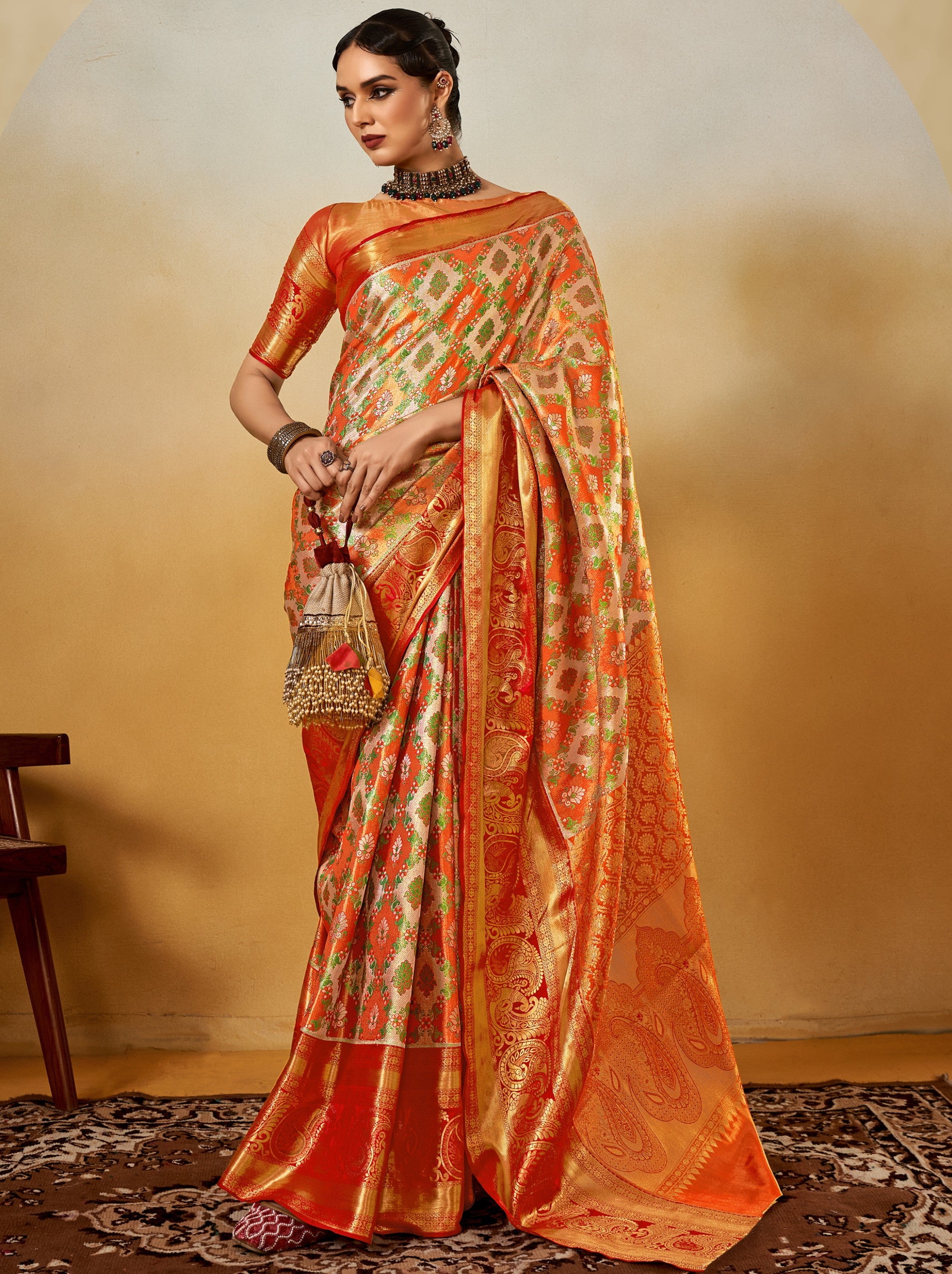 Pumpkin Orange Party Designer Saree - TrendOye