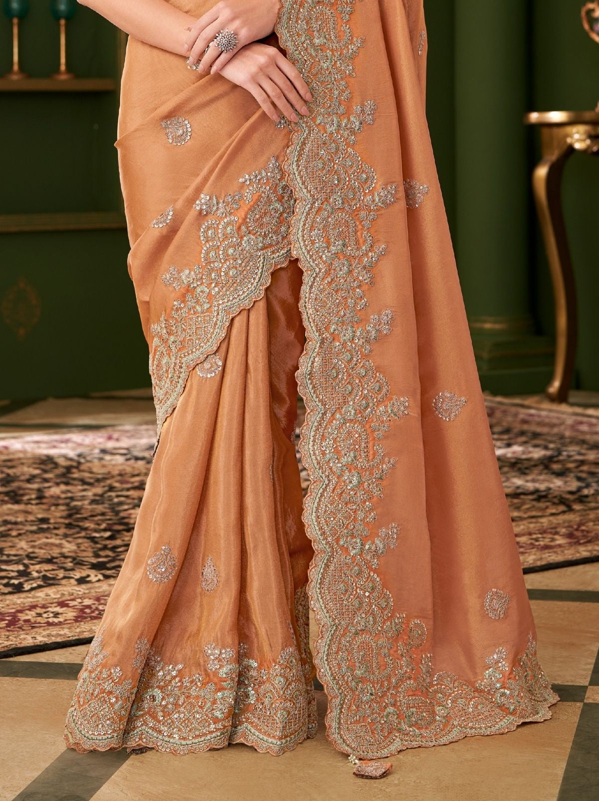 Tangerine Orange Regal Designer Georgette Silk Saree for Brides