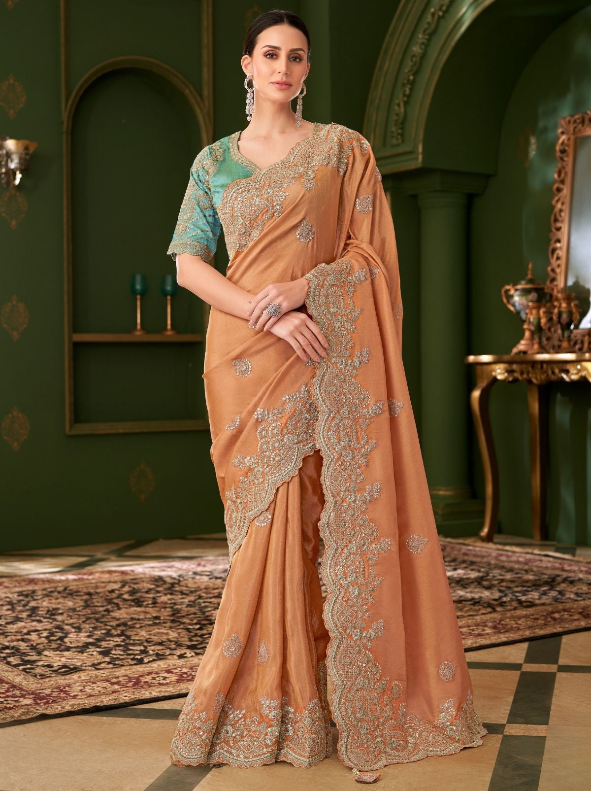 Tangerine Orange Regal Designer Georgette Silk Saree for Brides
