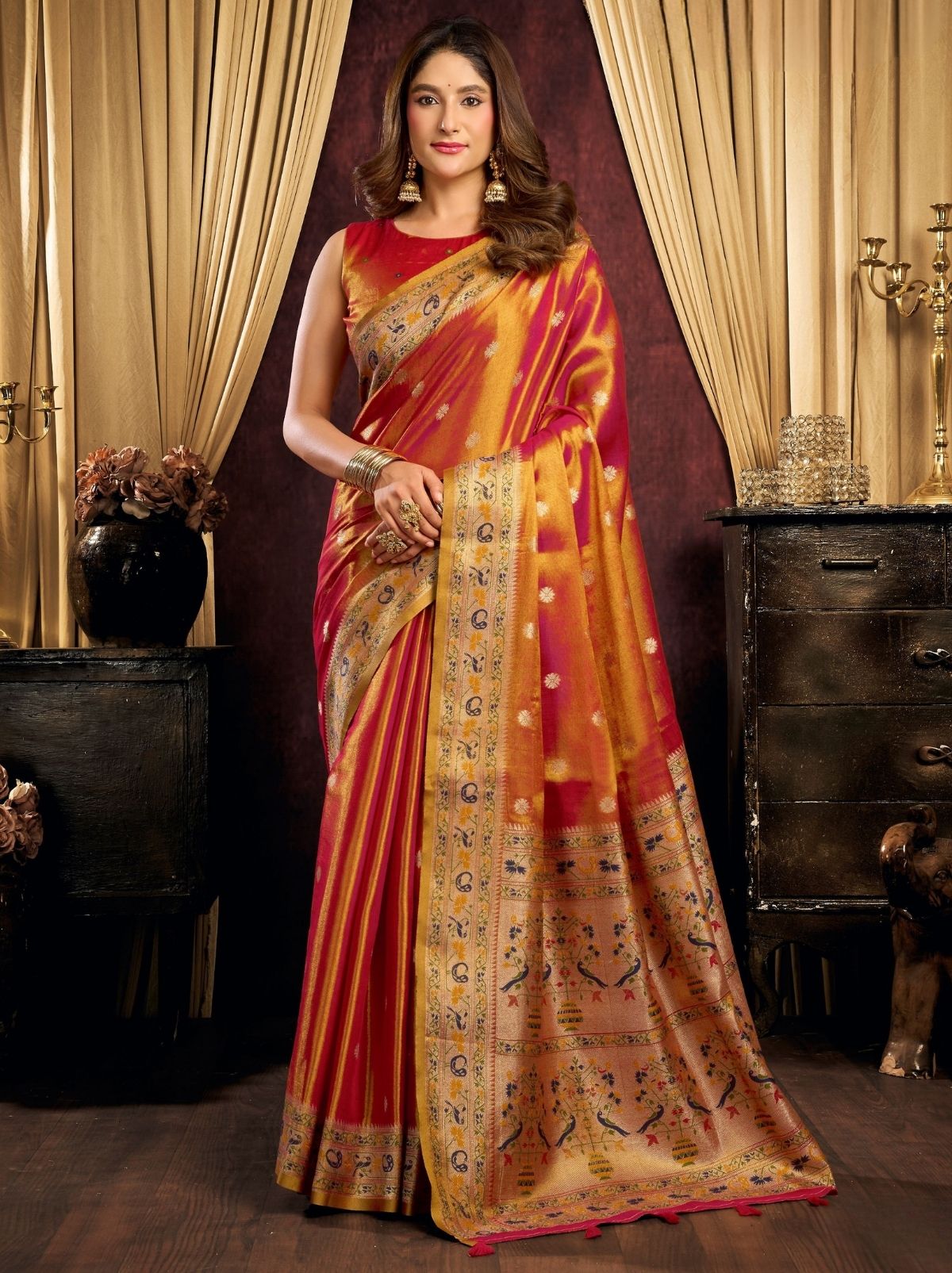 Pumpkin Orange Tissue Silk Saree with Soft Zari & Tassels