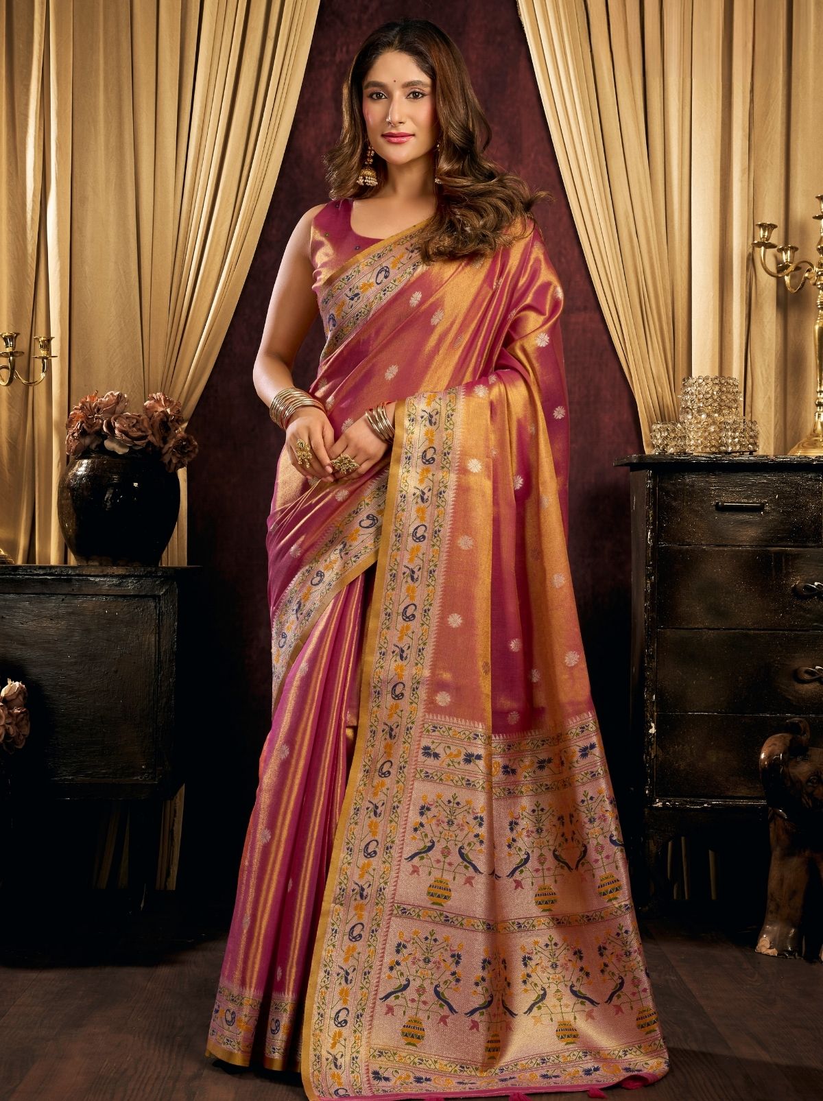 Metallic Orange Tissue Silk Saree with Soft Zari & Tassels