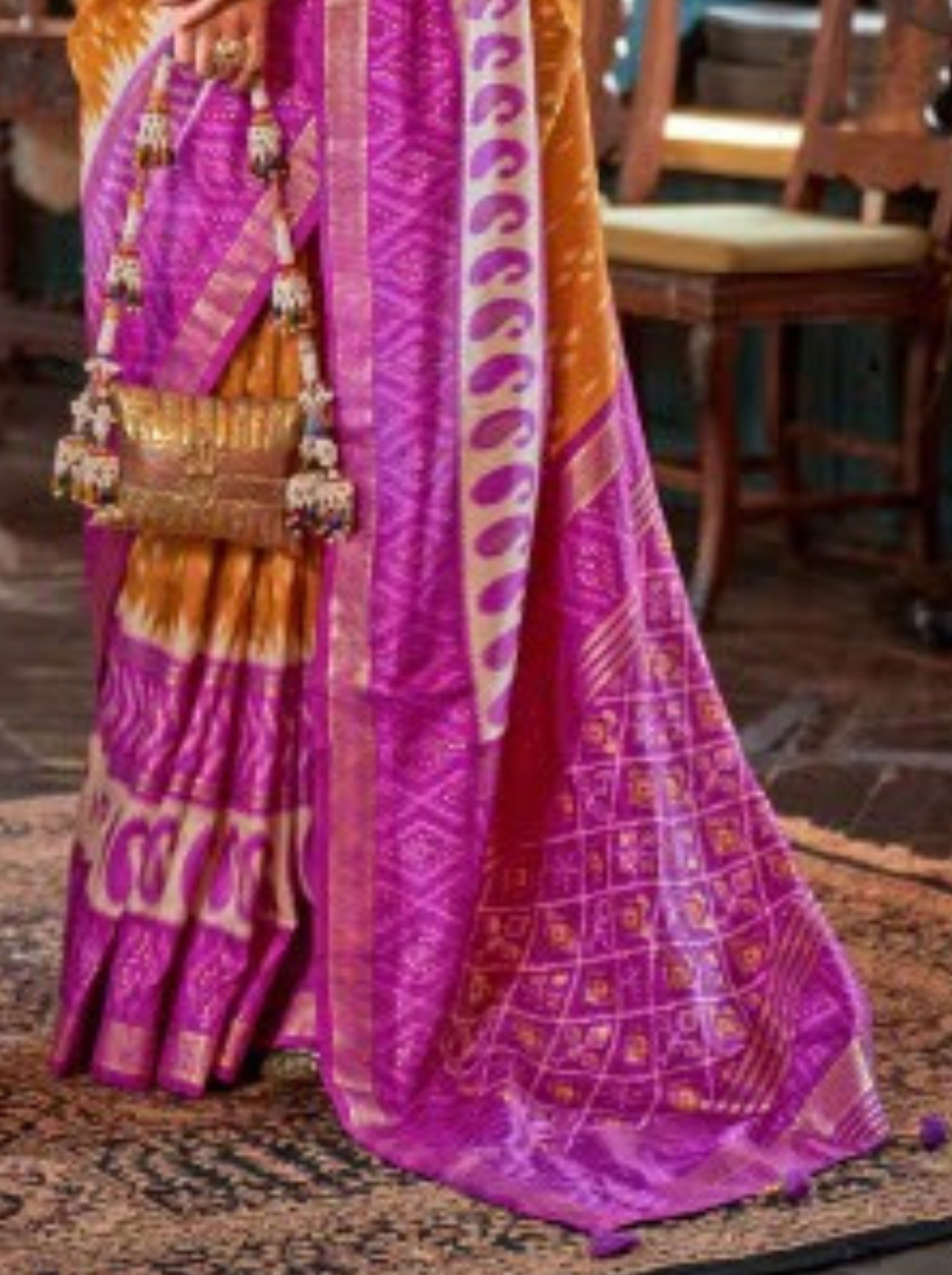 Carrot Orange Vibrant Patola Silk Festive Saree - TrendOye