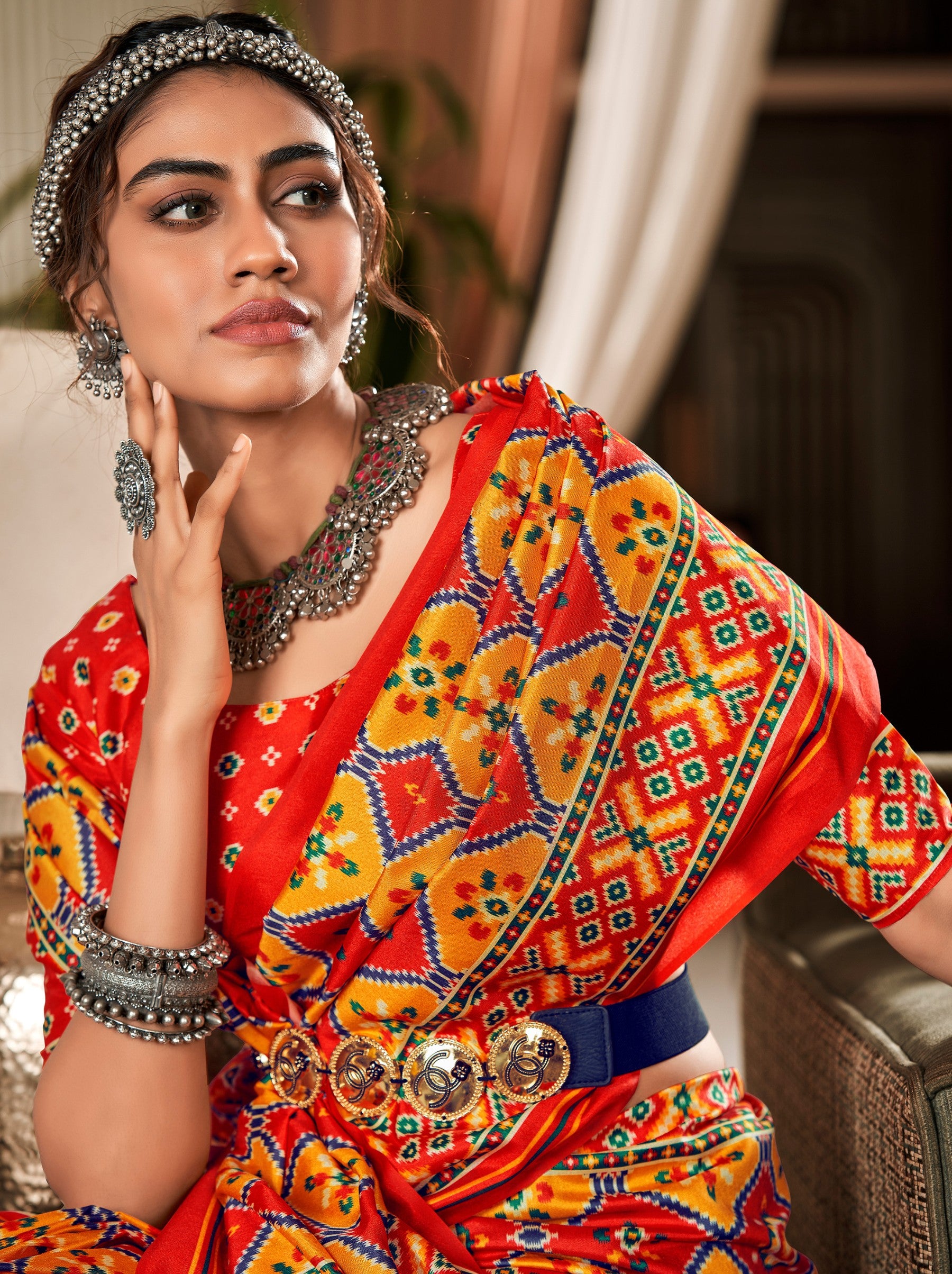 Bright Orange Patola Festive Saree - TrendOye