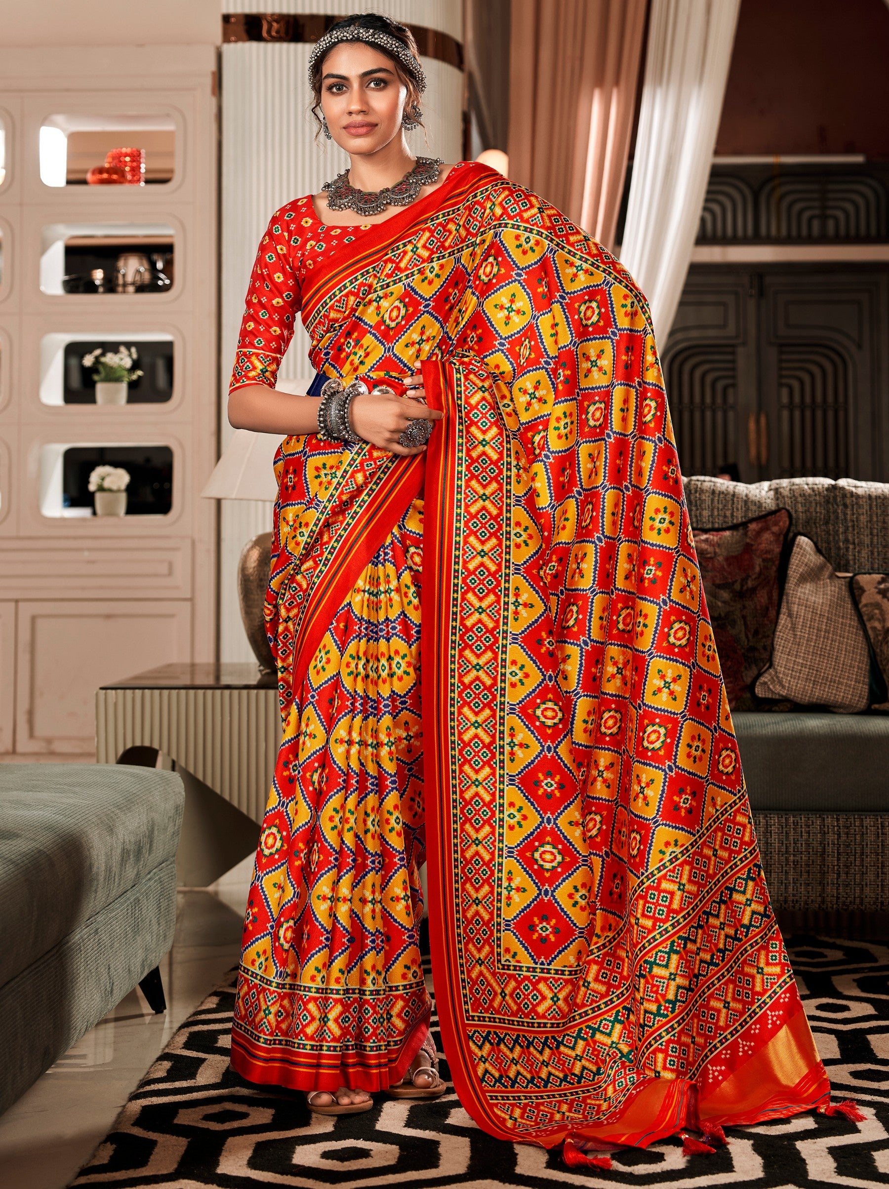 Bright Orange Patola Festive Saree - TrendOye