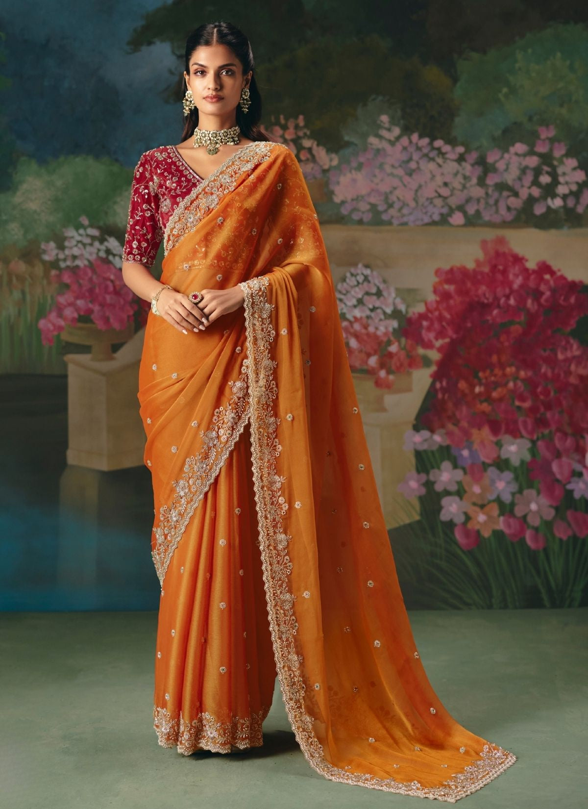 Carrot Orange Wedding & Party Fancy Saree With Premium Blouse Piece - TrendOye