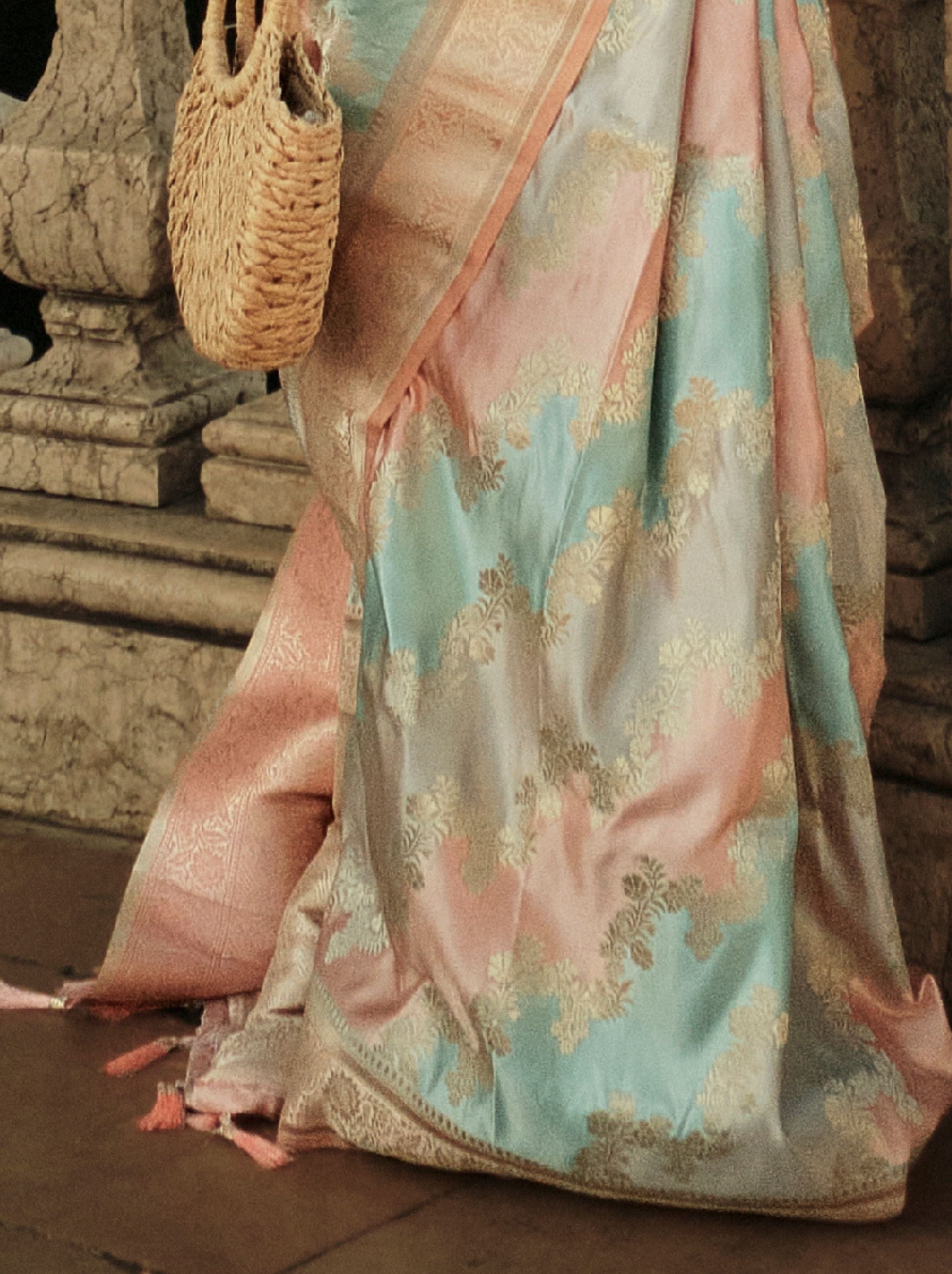 Pink-Blue Designer Satin Silk Blended Saree - TrendOye