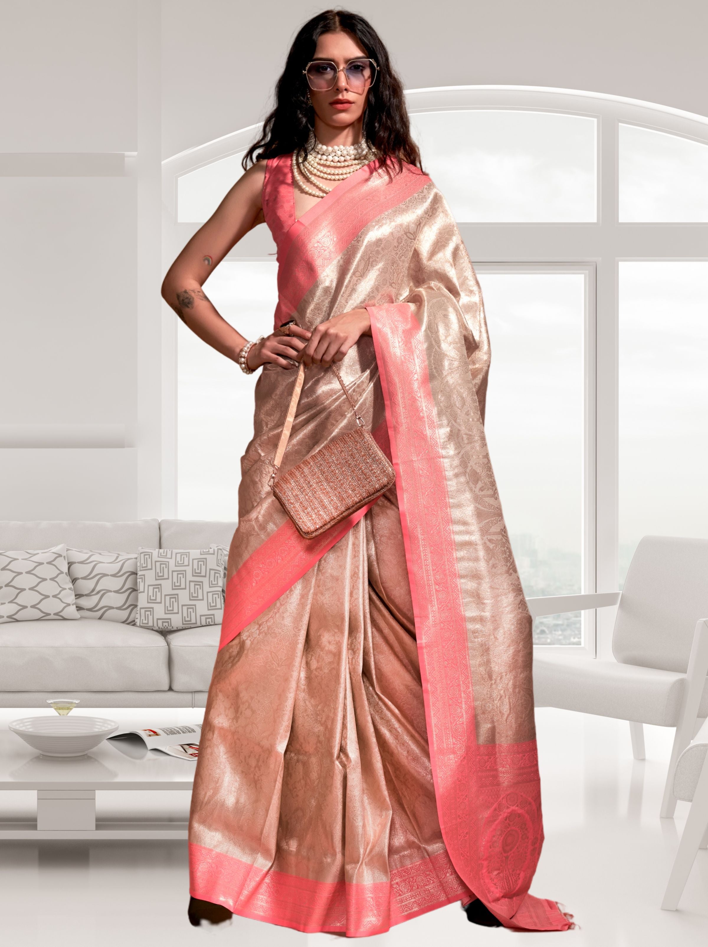 Coral Peach Kanjivaram Designer Saree - TrendOye