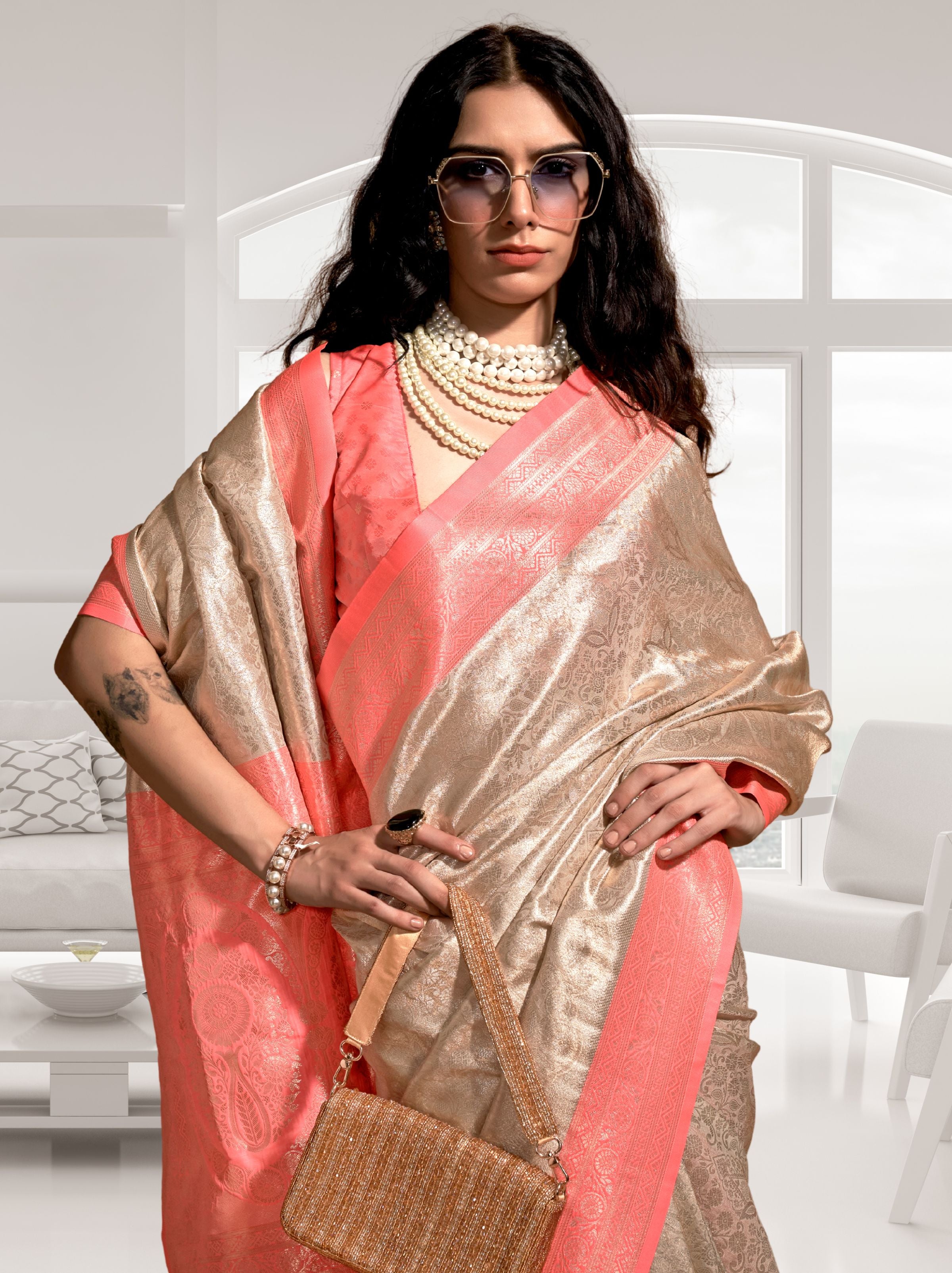 Coral Peach Kanjivaram Designer Saree - TrendOye