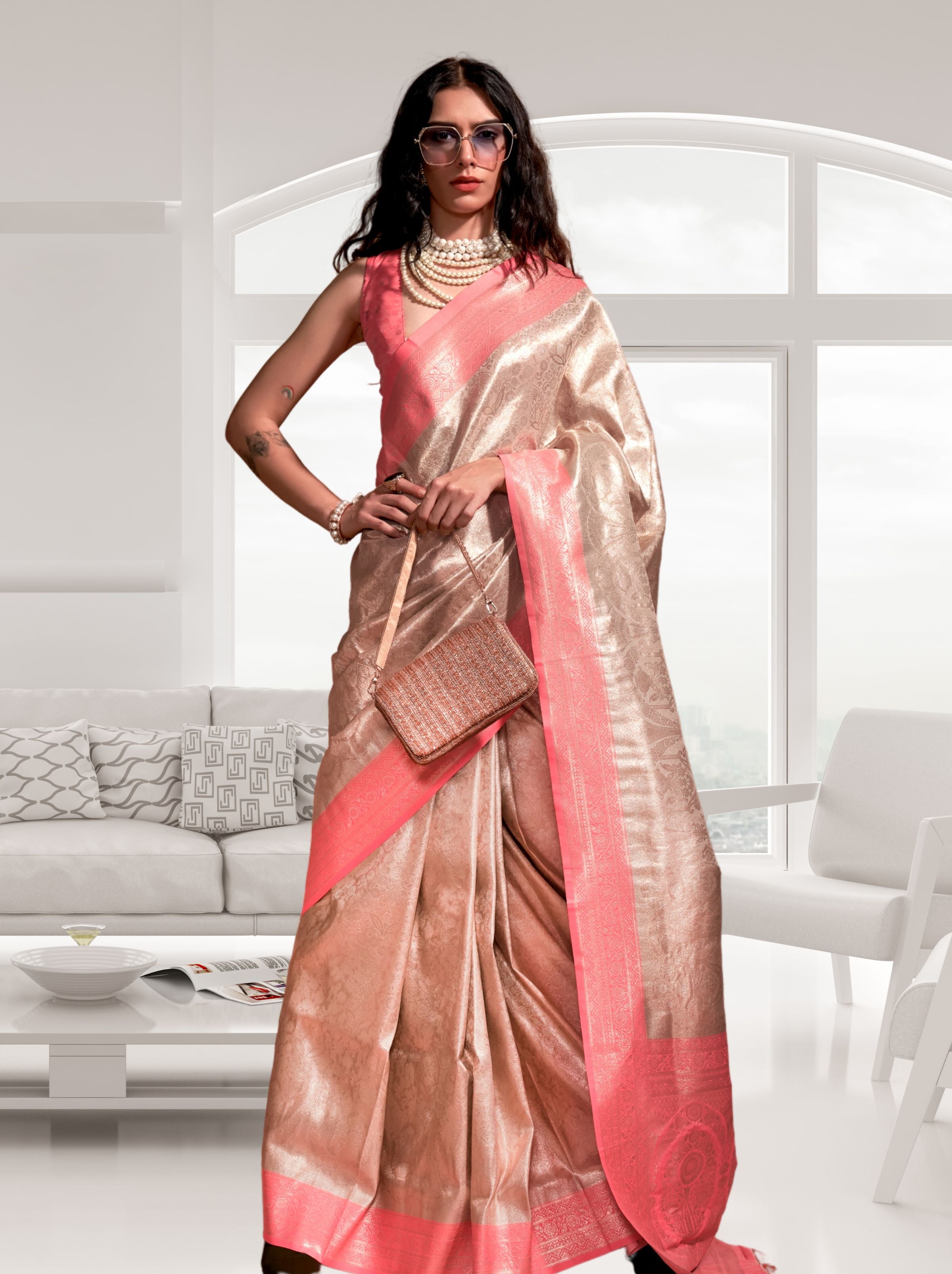 Coral Peach Kanjivaram Designer Saree - TrendOye
