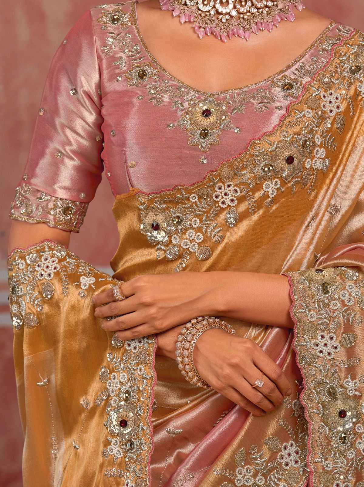 Peach-Pink Dual Tone Luxurious Premium Silk Saree With Intricate Embroidery