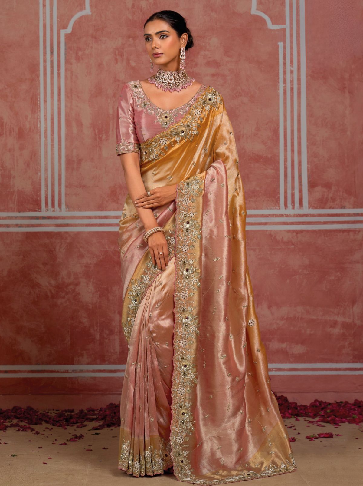 Peach-Pink Dual Tone Luxurious Premium Silk Saree With Intricate Embroidery
