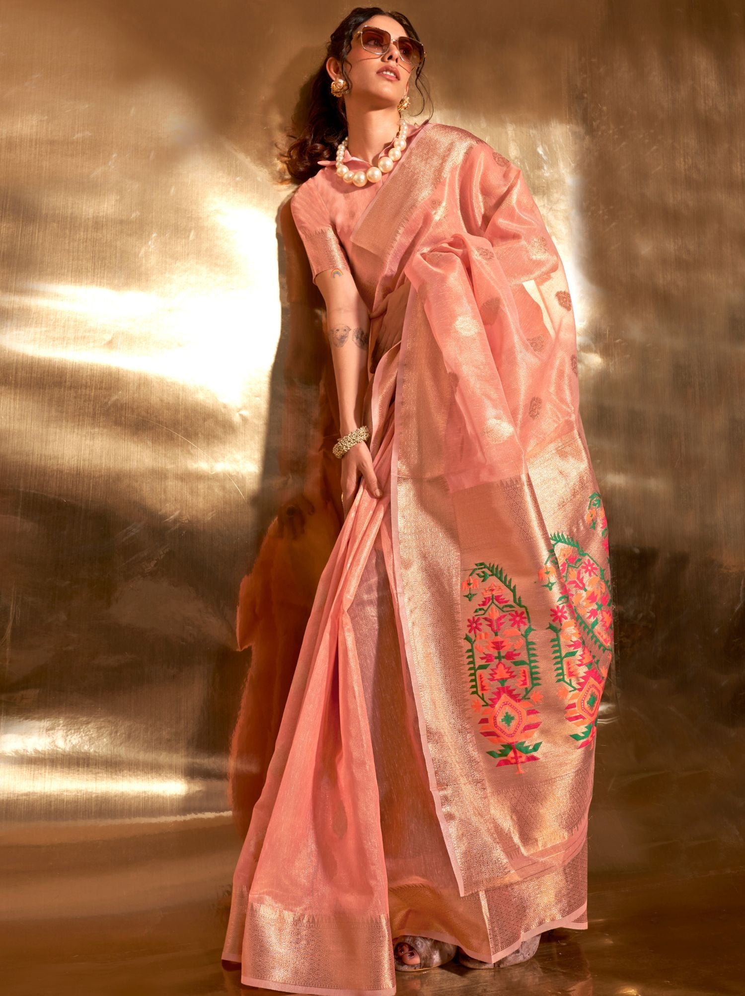 Pastel Peach Paithani Tissue Silk Blended Saree - TrendOye
