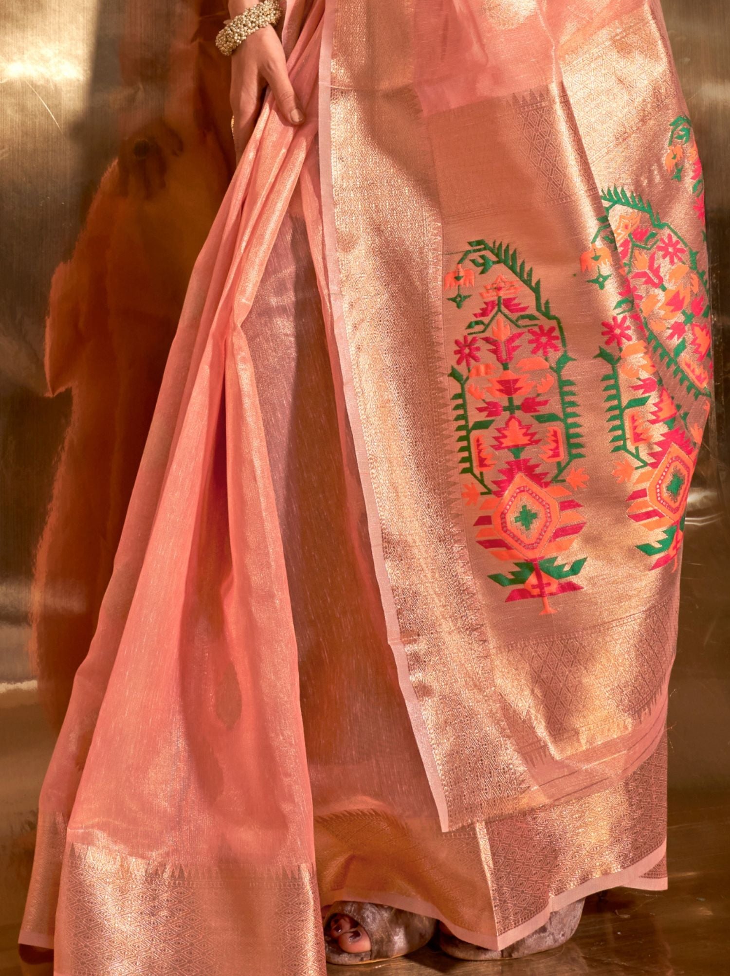 Pastel Peach Paithani Tissue Silk Blended Saree - TrendOye