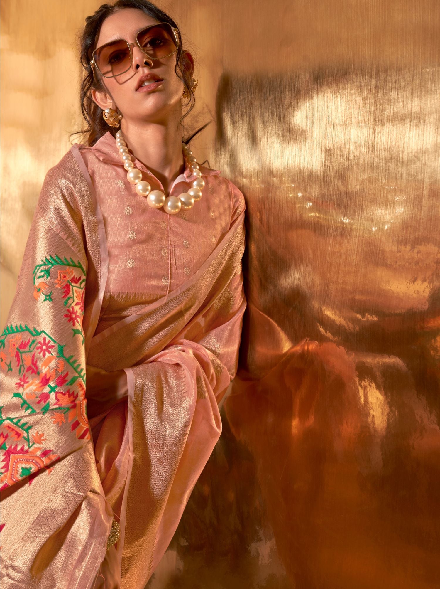 Pastel Peach Paithani Tissue Silk Blended Saree - TrendOye