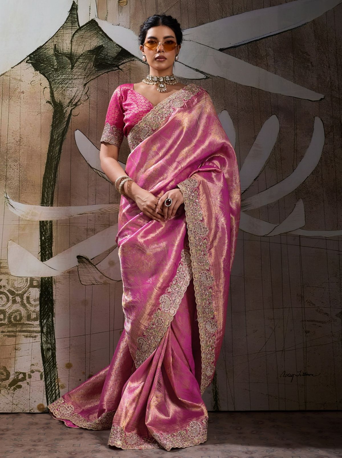 Hot Pink Banarasi Silk Celebration Saree With Blouse Piece