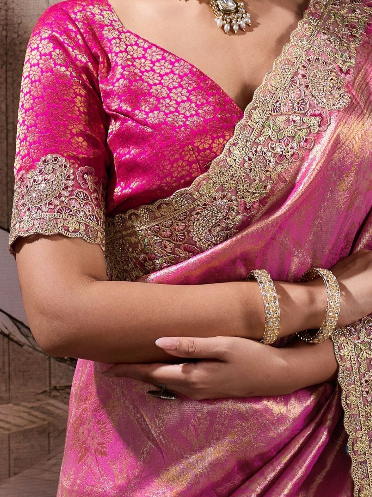 Hot Pink Banarasi Silk Celebration Saree With Blouse Piece