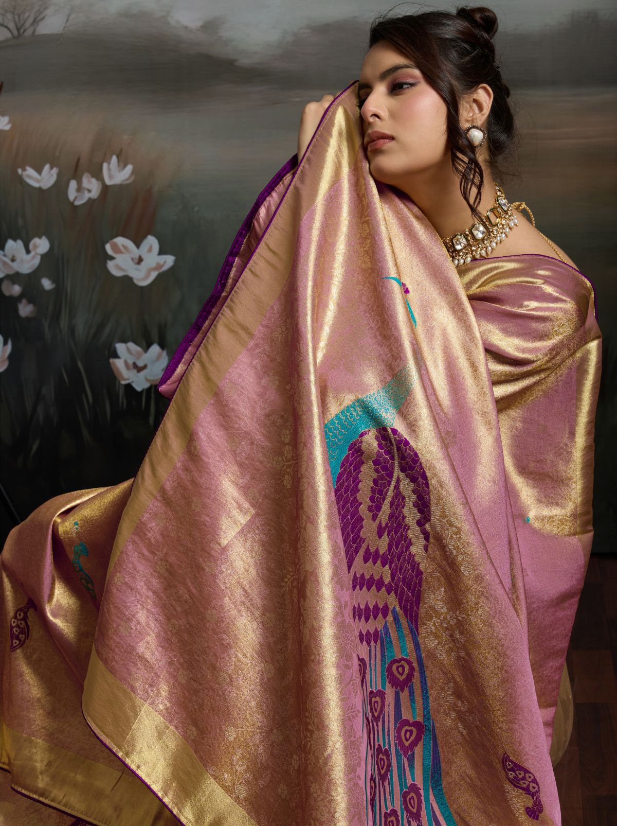 Light Blush Pink Banarasi Silk Festive Saree With Embroidery Work