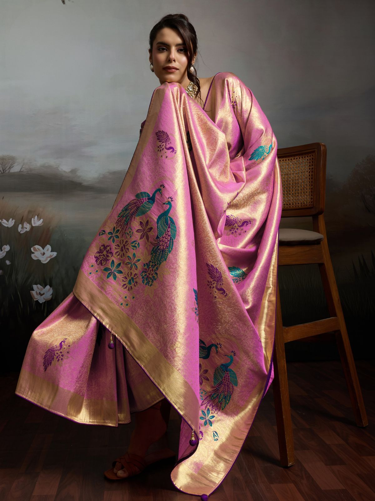 Creamy Pink Banarasi Silk Festive Saree With Embroidery Work
