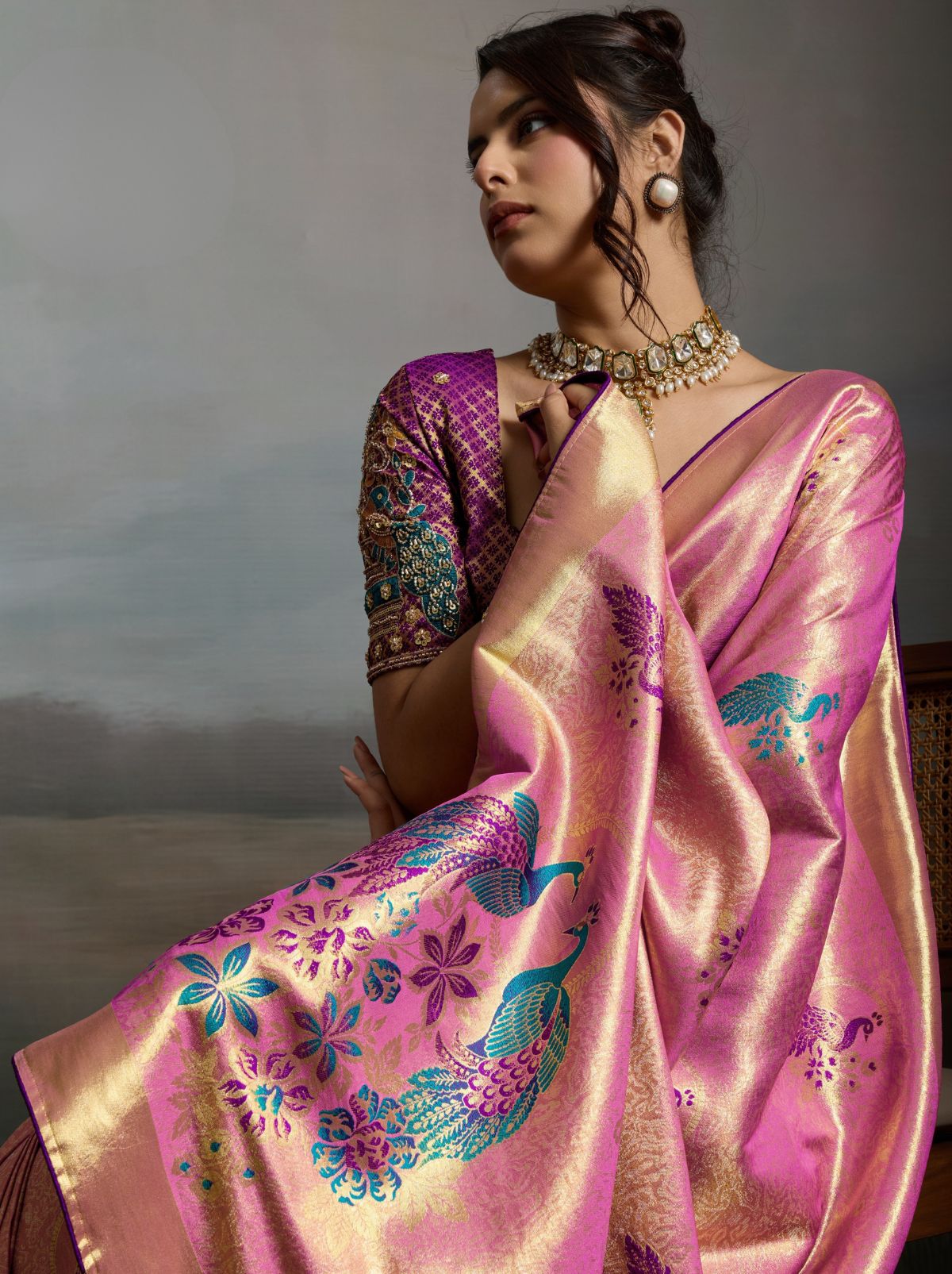 Creamy Pink Banarasi Silk Festive Saree With Embroidery Work