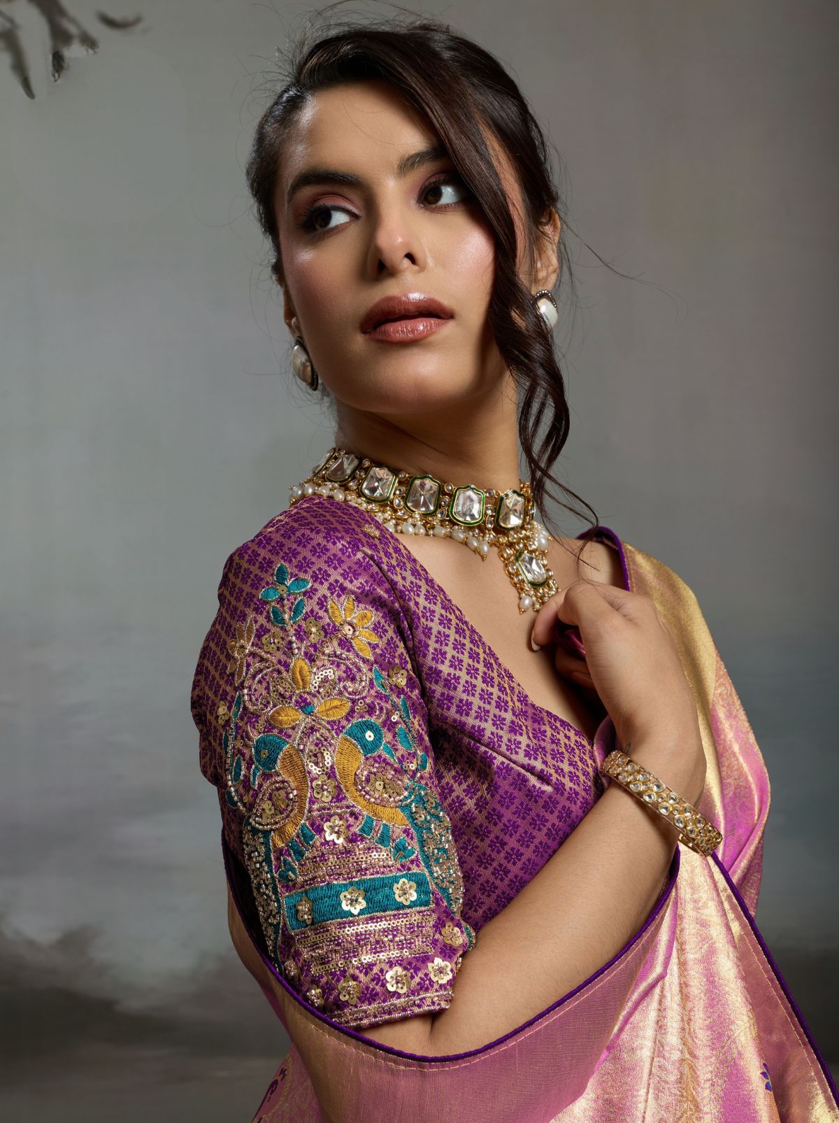 Creamy Pink Banarasi Silk Festive Saree With Embroidery Work
