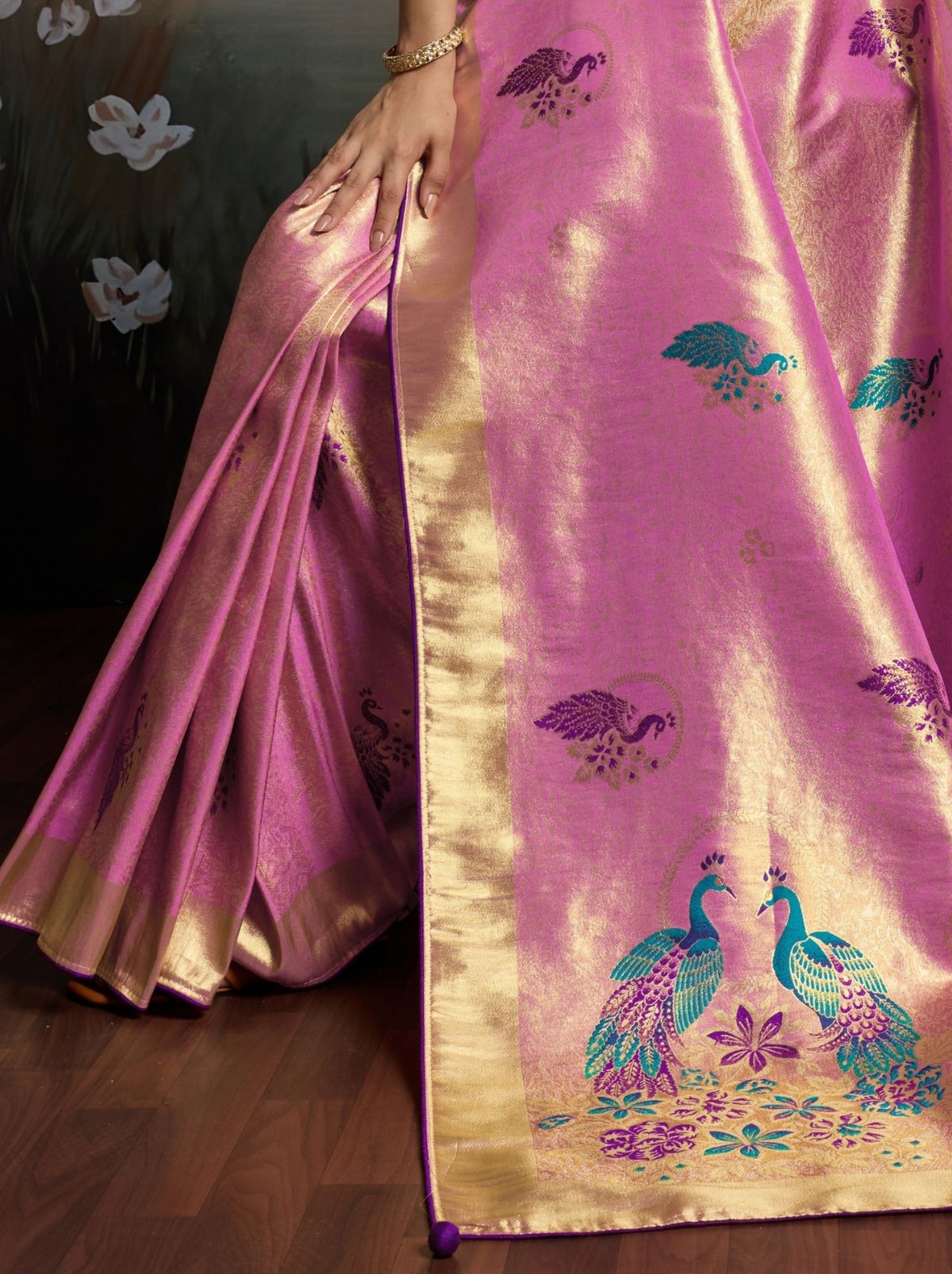 Creamy Pink Banarasi Silk Festive Saree With Embroidery Work