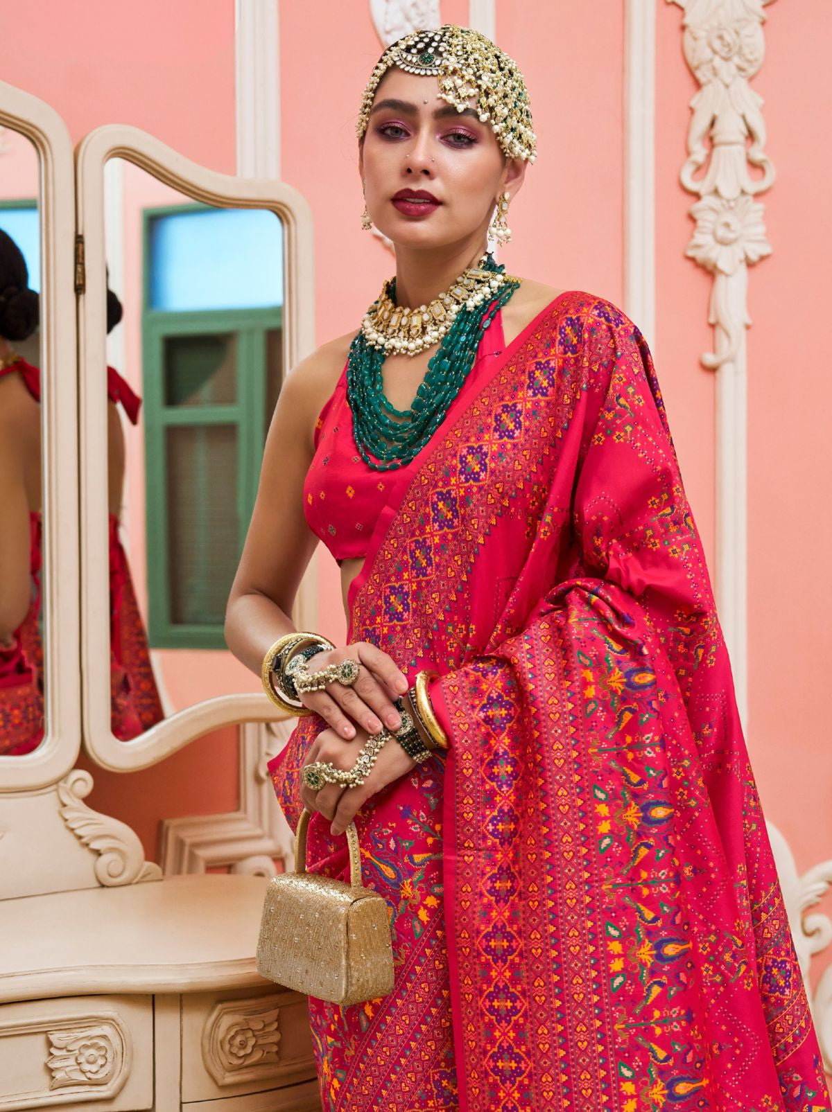 Magenta Pink Banarasi Silk Saree With Meenakari Work