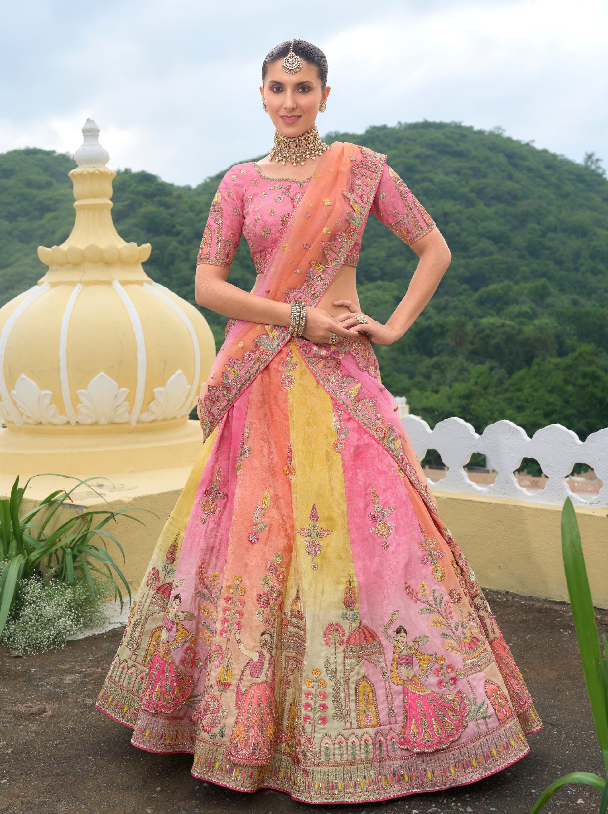 Creamy Pink Wedding Lehenga Set With Zari Work - TrendOye