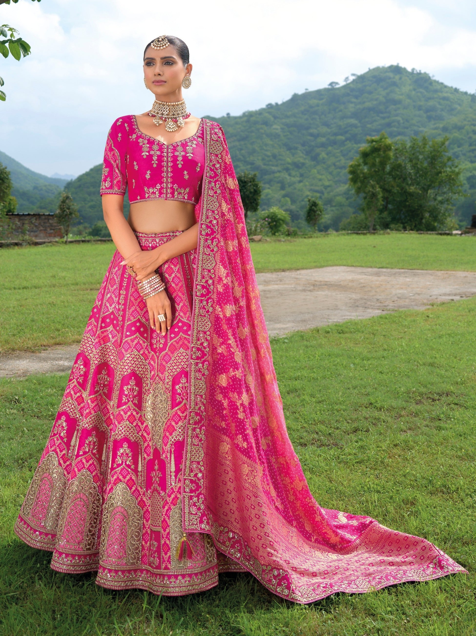 Cerise Pink Classic Lehenga Set With Gota Patti Embroidery - TrendOye