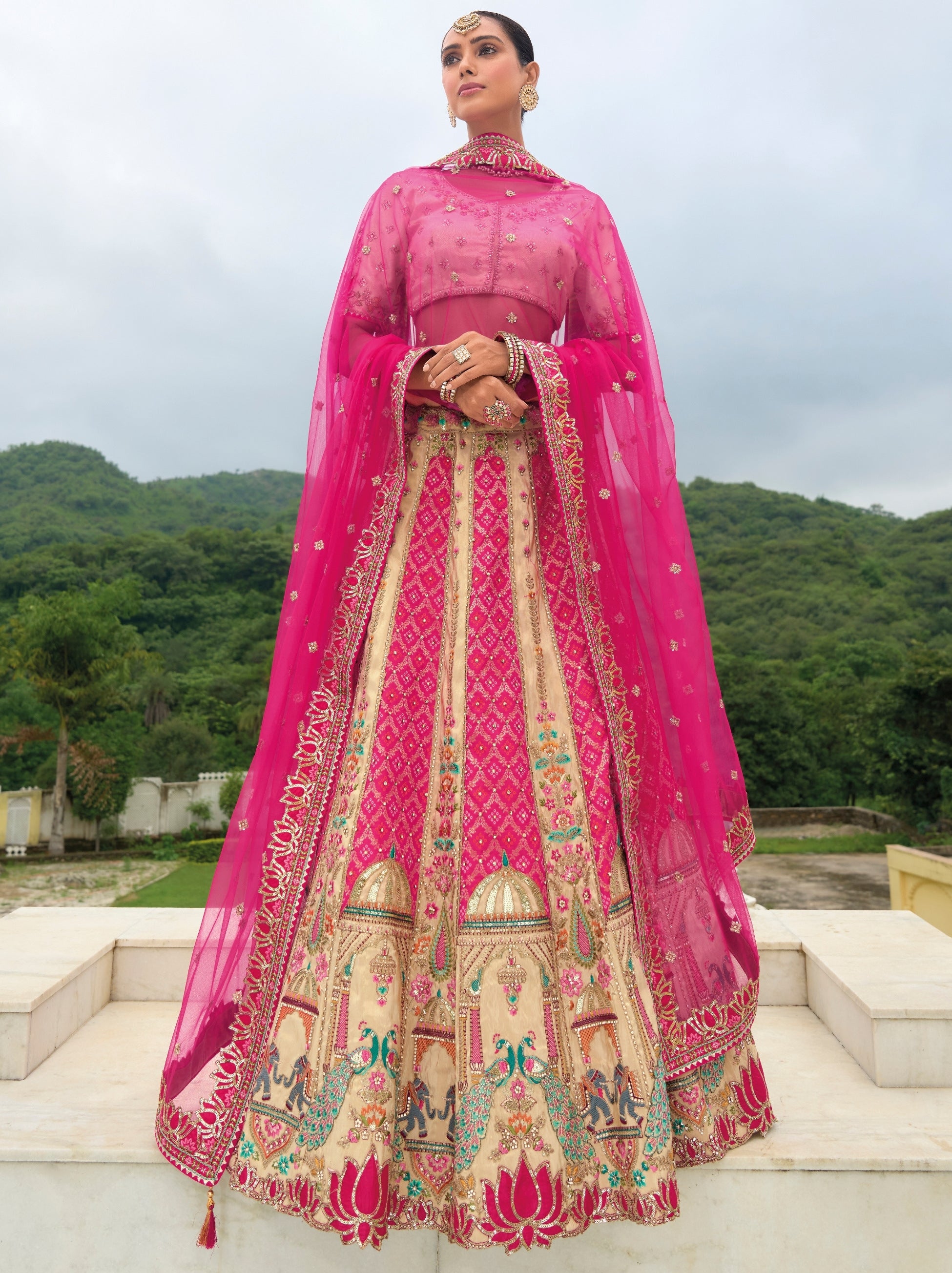 Magenta Pink Wedding Lehenga Set With Ancient Patchwork - TrendOye