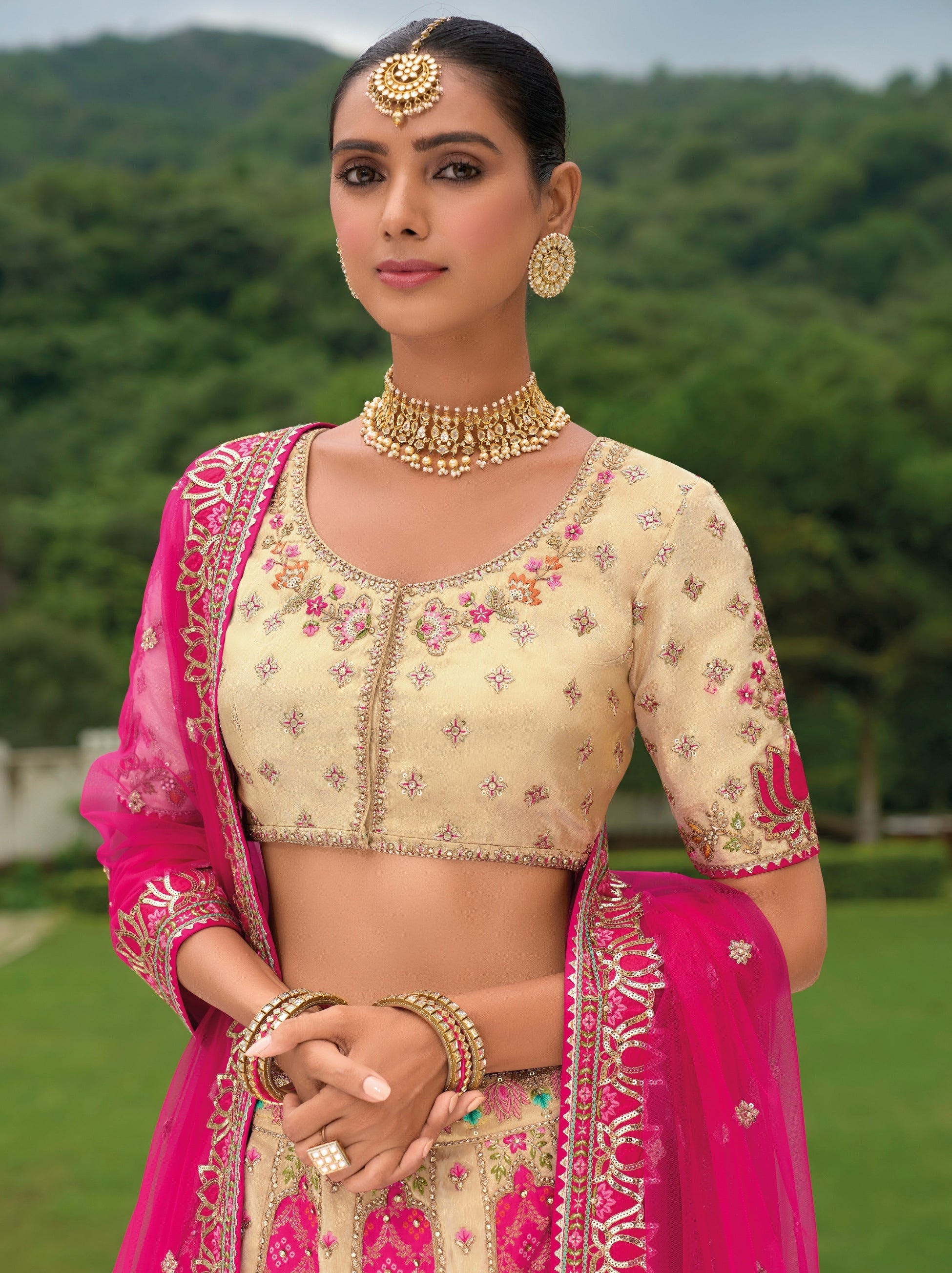 Magenta Pink Wedding Lehenga Set With Ancient Patchwork - TrendOye