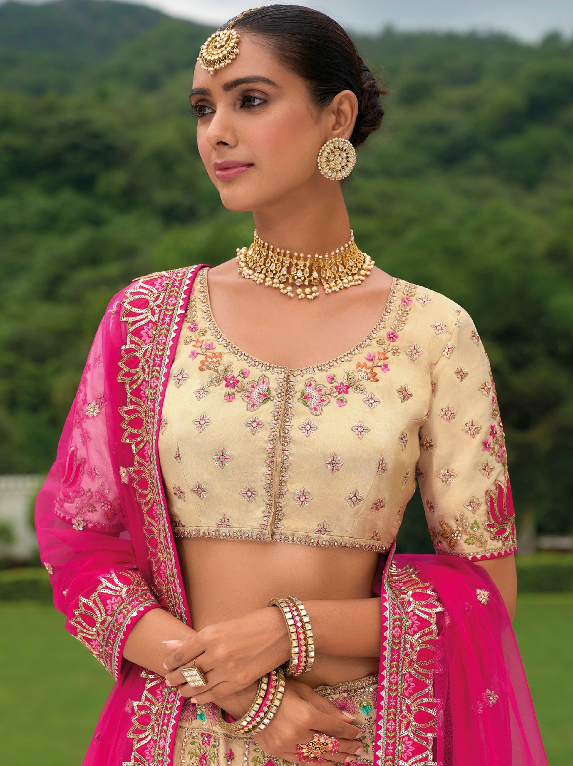 Magenta Pink Wedding Lehenga Set With Ancient Patchwork - TrendOye