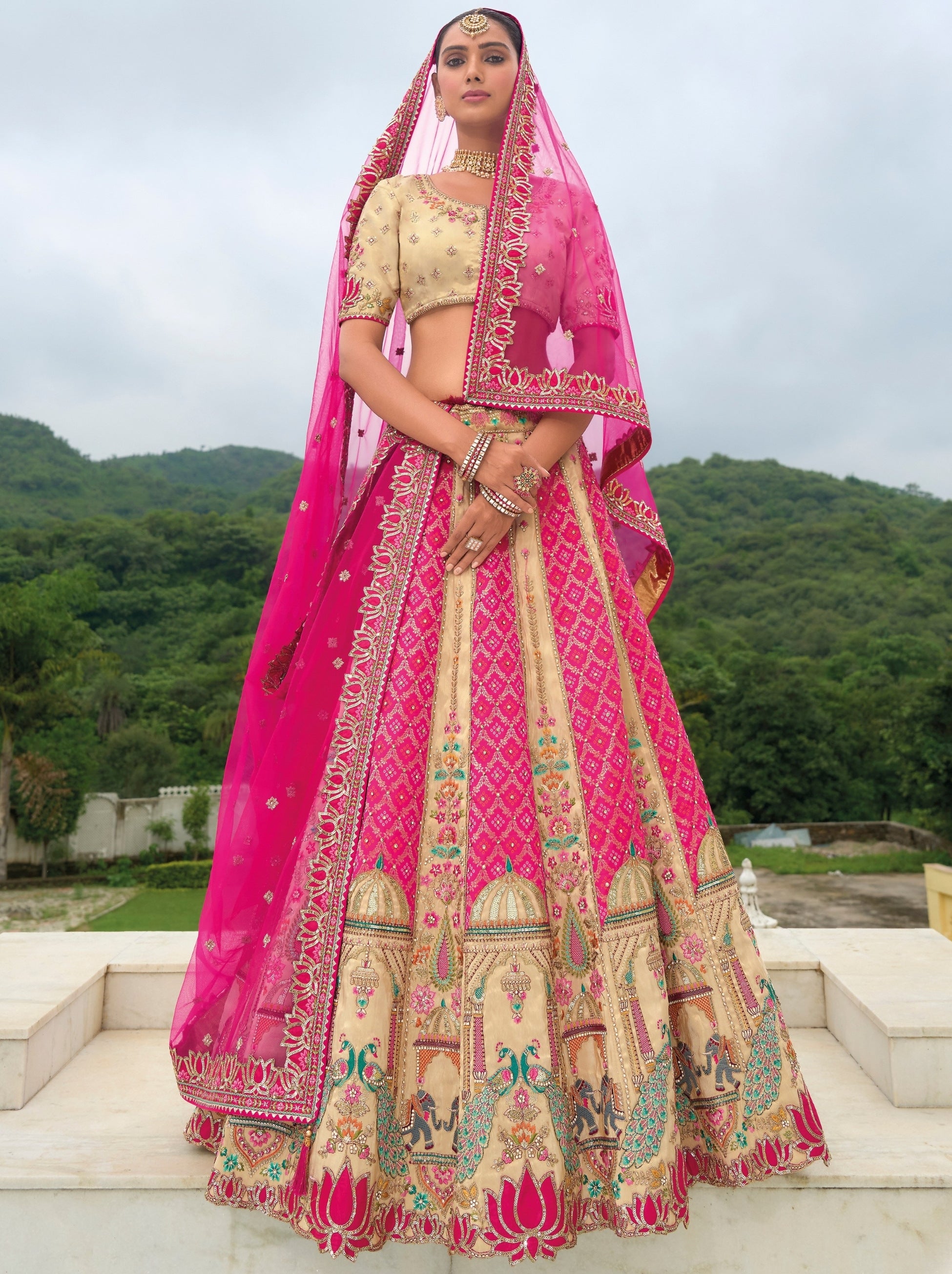 Magenta Pink Wedding Lehenga Set With Ancient Patchwork - TrendOye