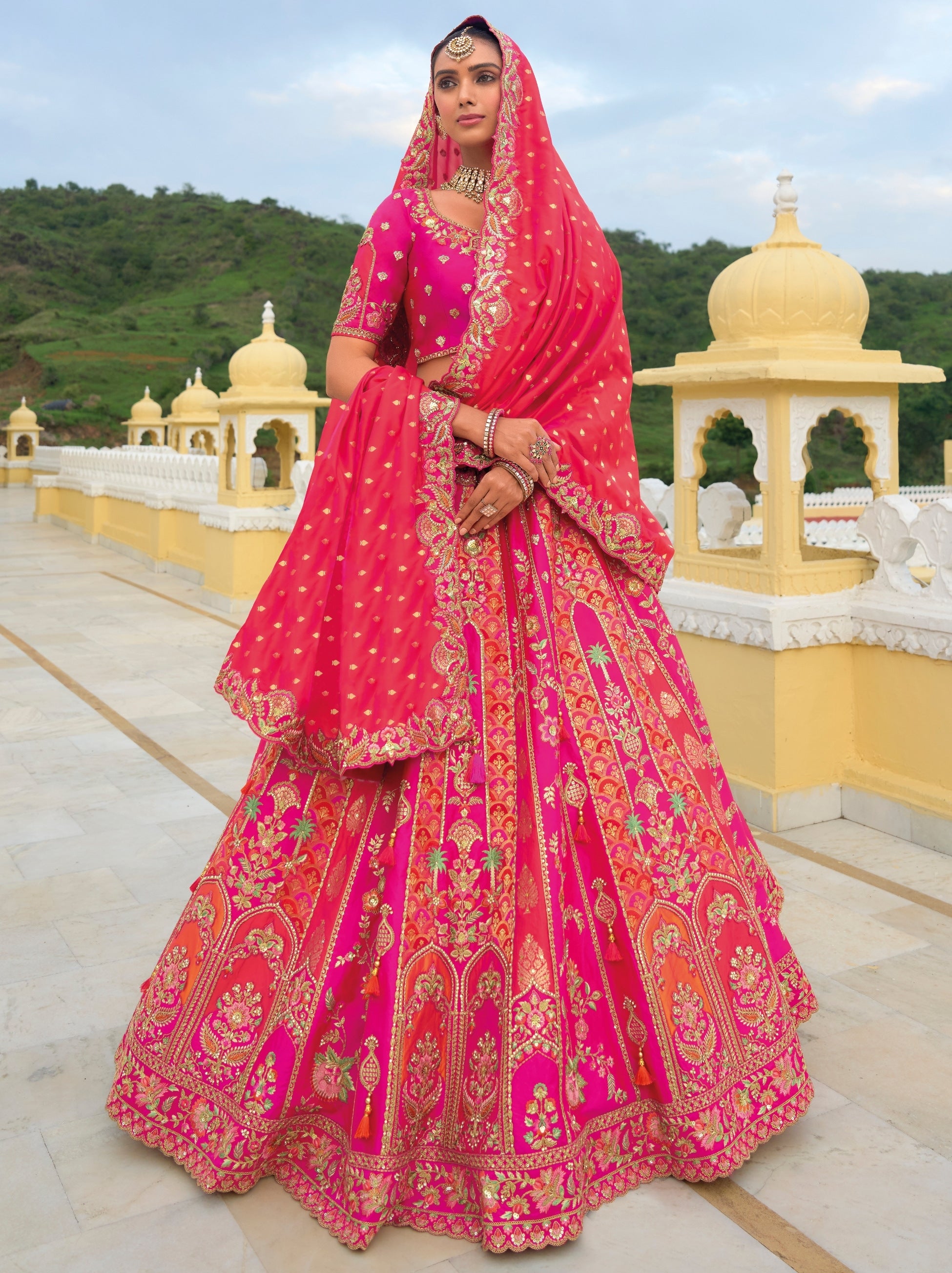 Deep Pink Classic Lehenga Set With Multicolor Thread And Zari Work - TrendOye