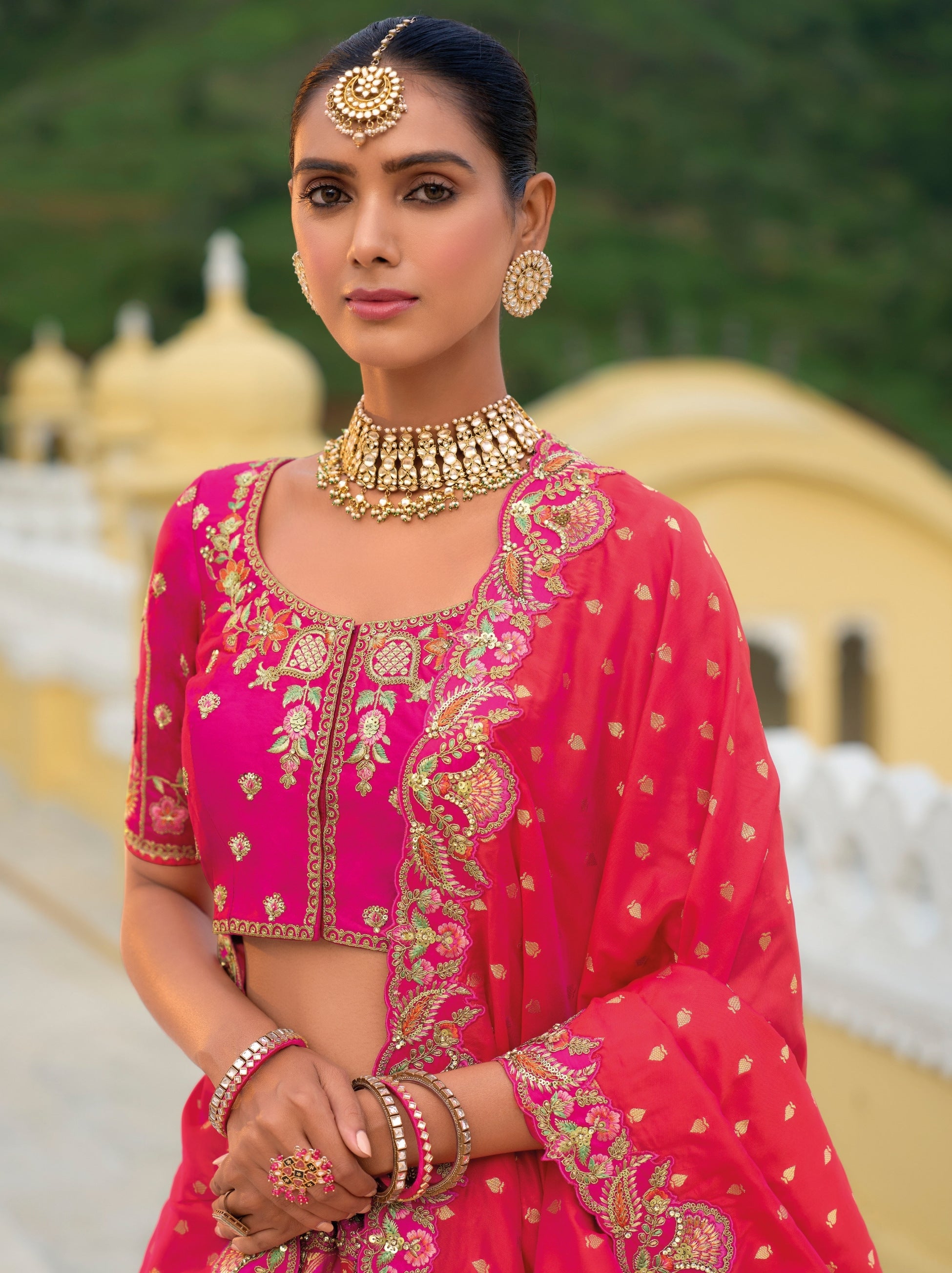 Deep Pink Classic Lehenga Set With Multicolor Thread And Zari Work - TrendOye