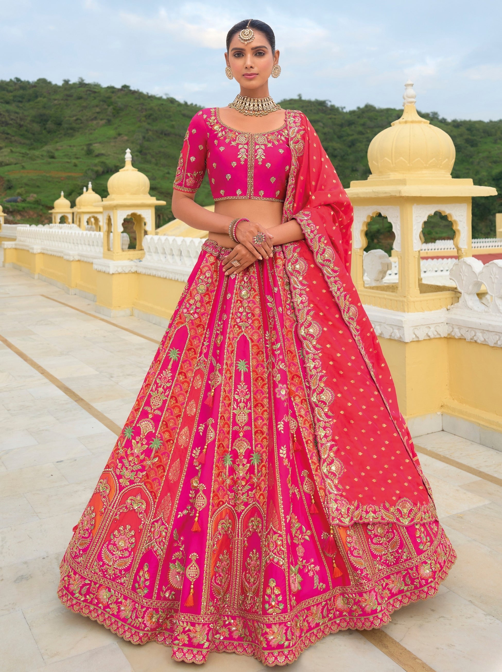 Deep Pink Classic Lehenga Set With Multicolor Thread And Zari Work - TrendOye