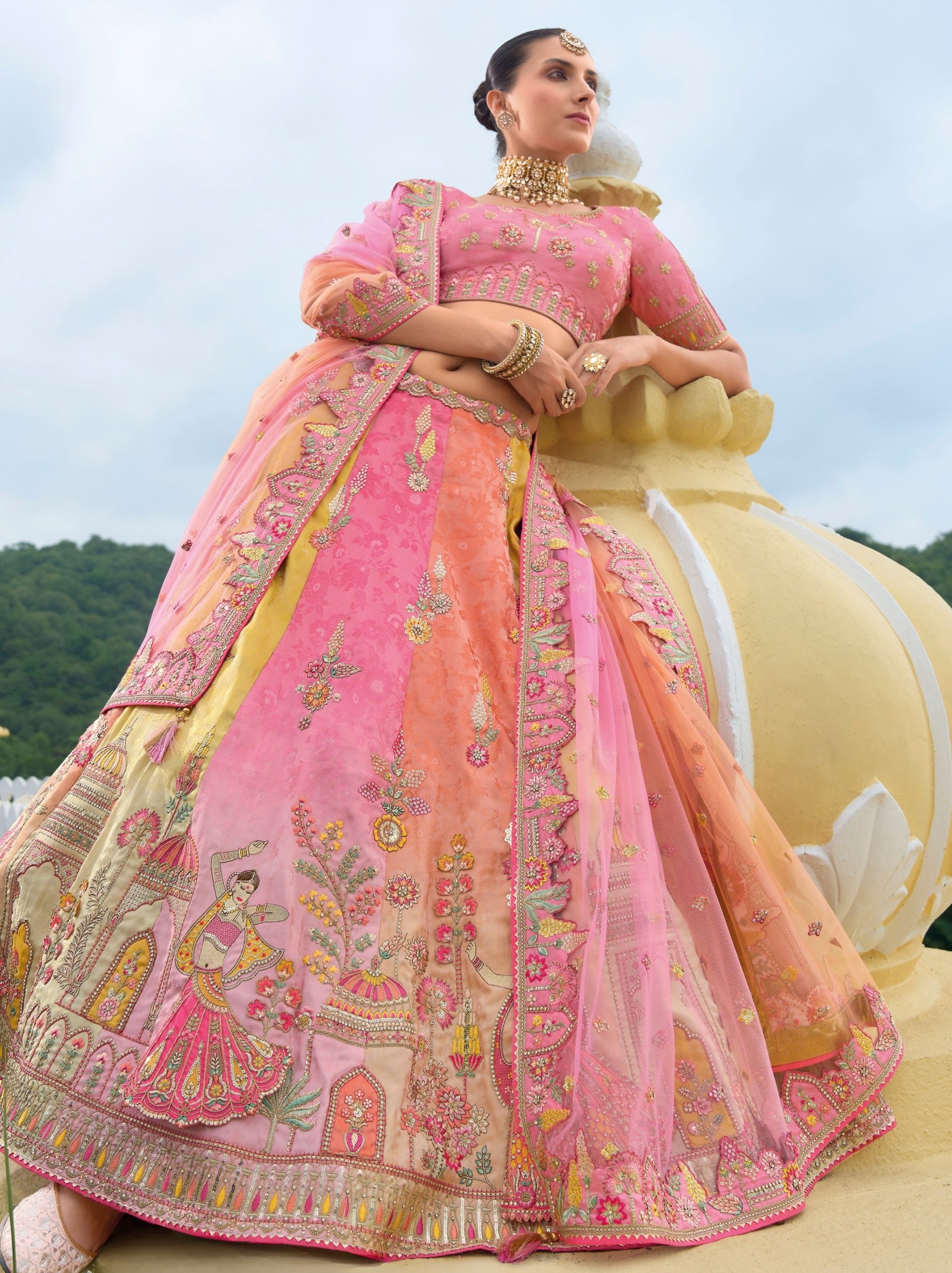 Creamy Pink Wedding Lehenga Set With Zari Work - TrendOye