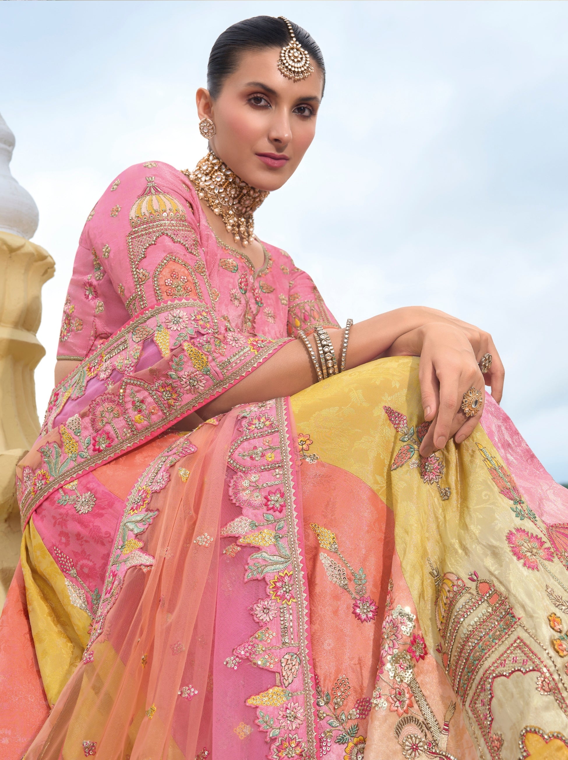 Creamy Pink Wedding Lehenga Set With Zari Work - TrendOye