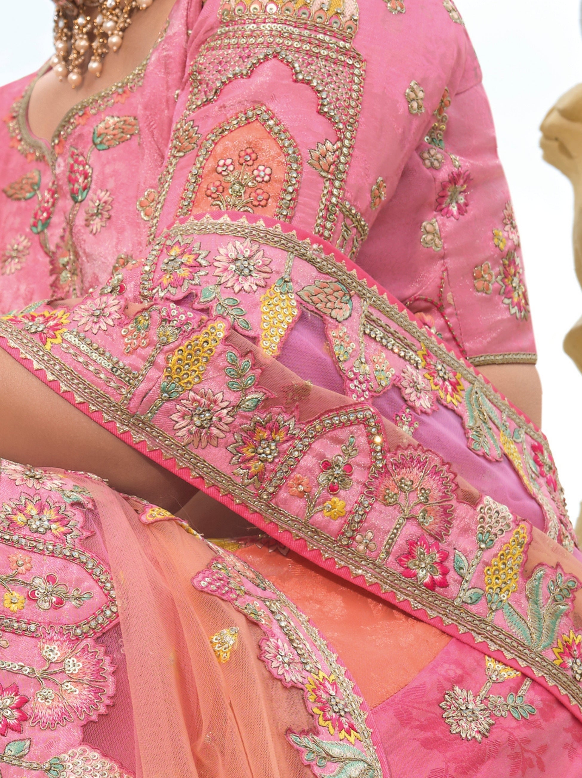 Creamy Pink Wedding Lehenga Set With Zari Work - TrendOye
