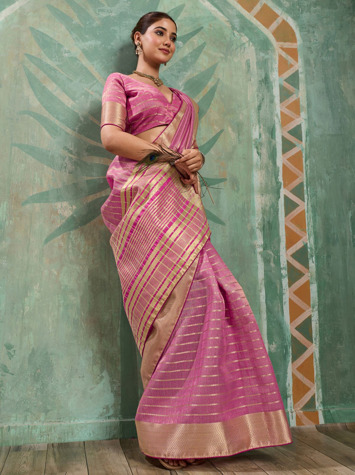 Creamy Pink Cotton Tissue Saree with Soft Gold Zari Woven
