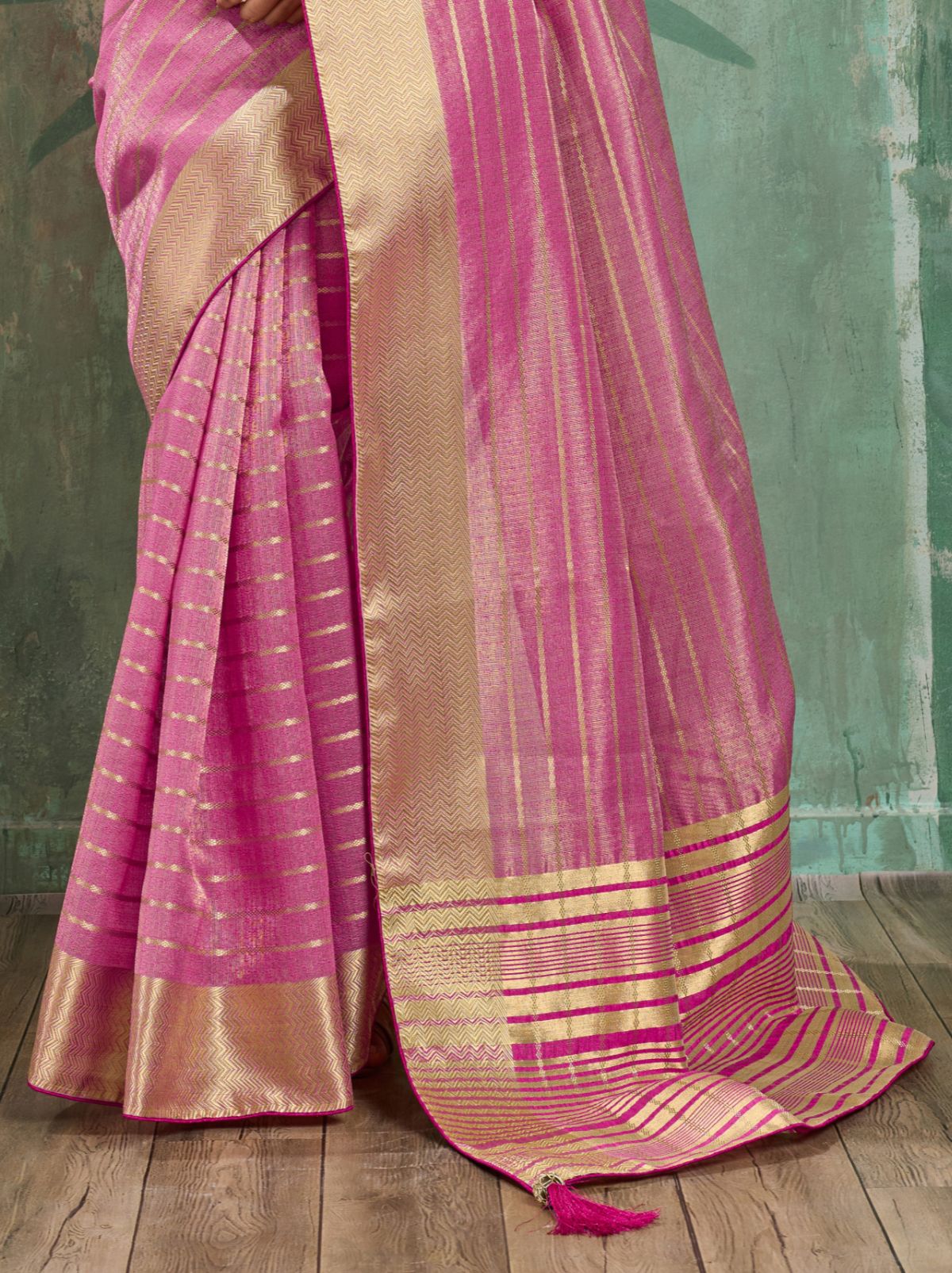 Creamy Pink Cotton Tissue Saree with Soft Gold Zari Woven