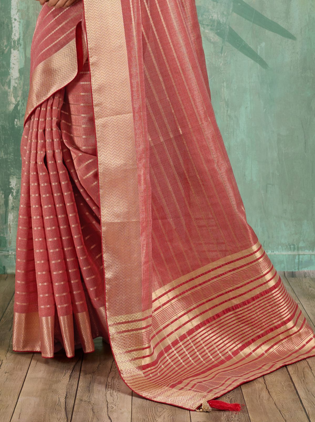 Dusty Rose Pink Cotton Tissue Saree with Soft Gold Zari Woven