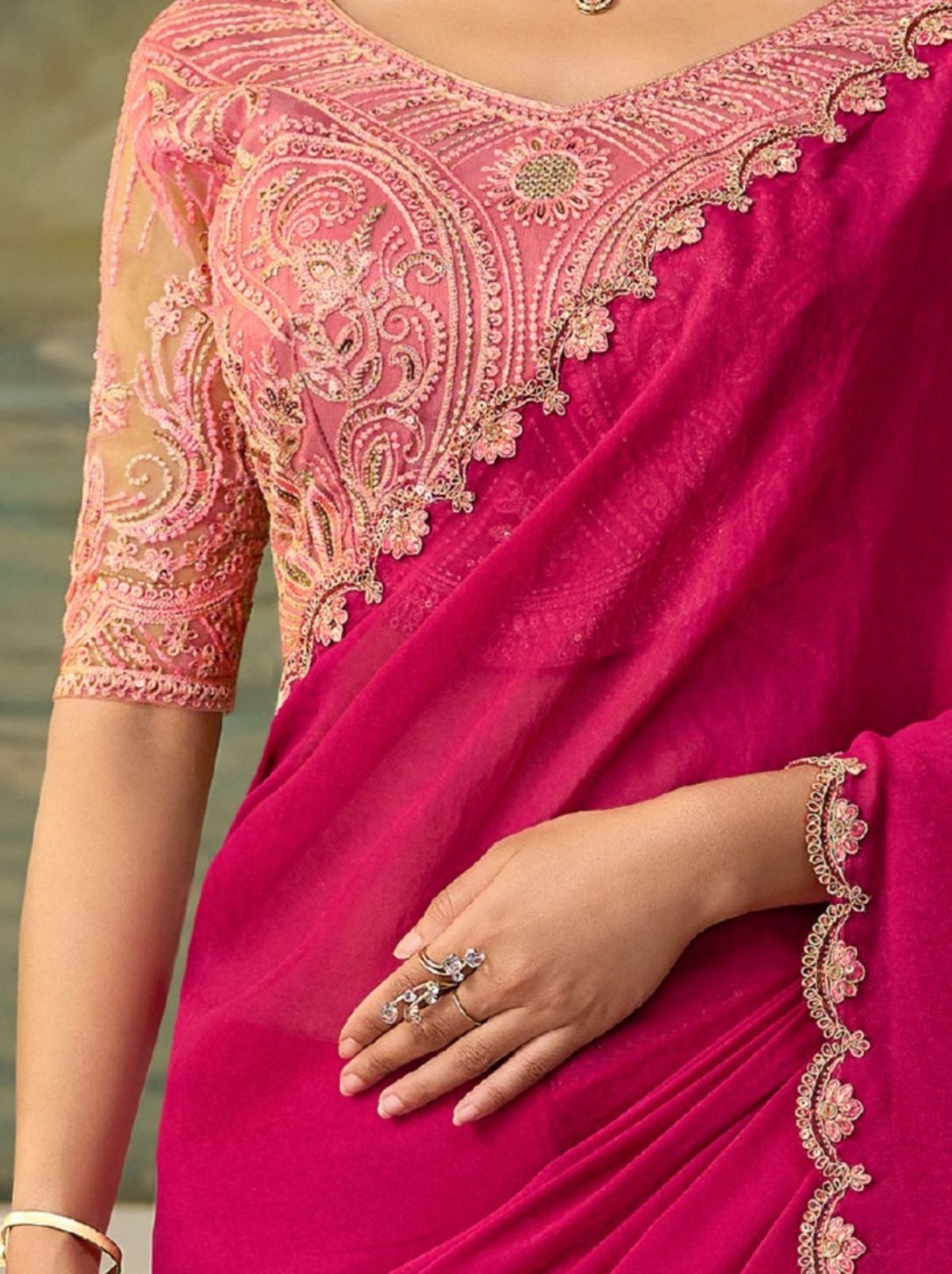 Ruby Pink Couture Sequin Saree with Designer Blouse