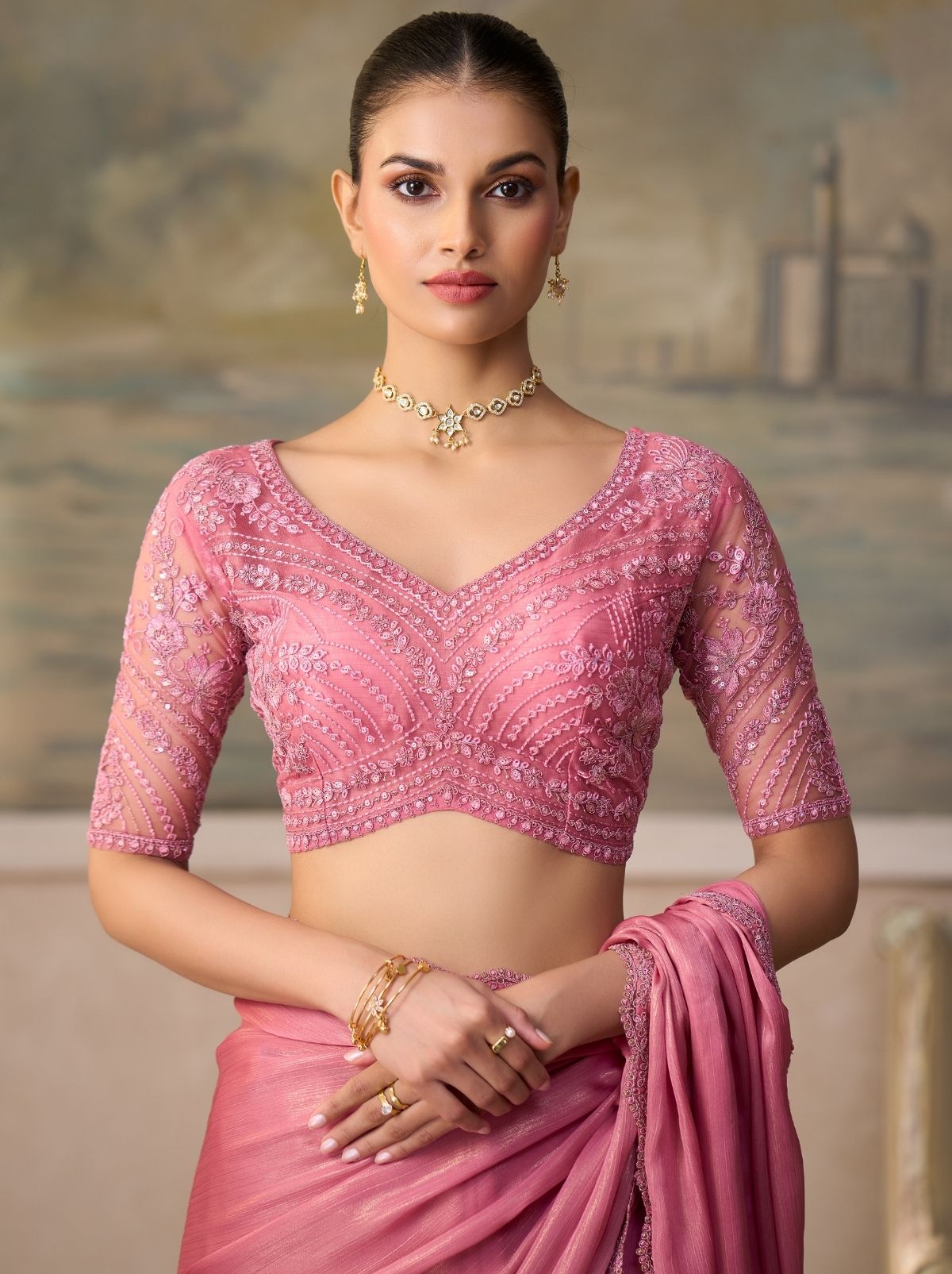 Bubblegum Pink Couture Sequin Saree & Net Blouse With Premium Base Liner