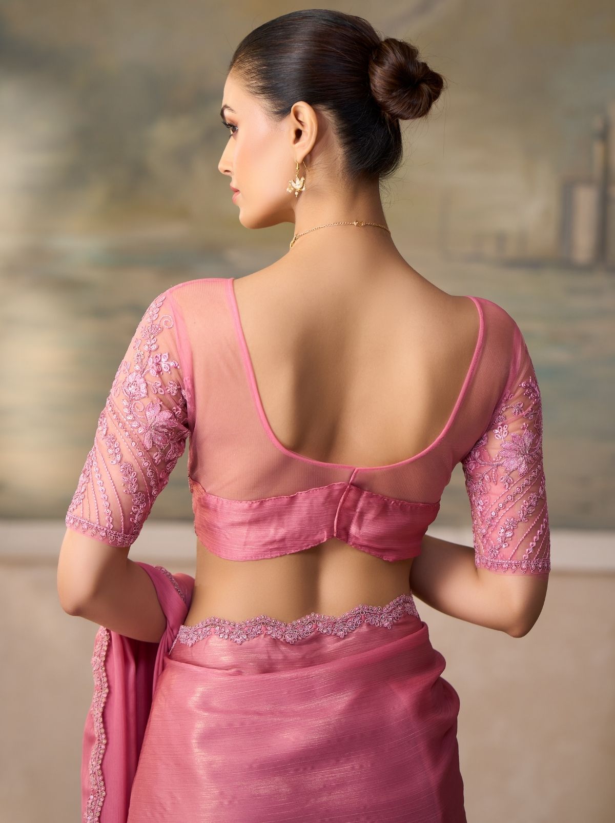 Bubblegum Pink Couture Sequin Saree & Net Blouse With Premium Base Liner