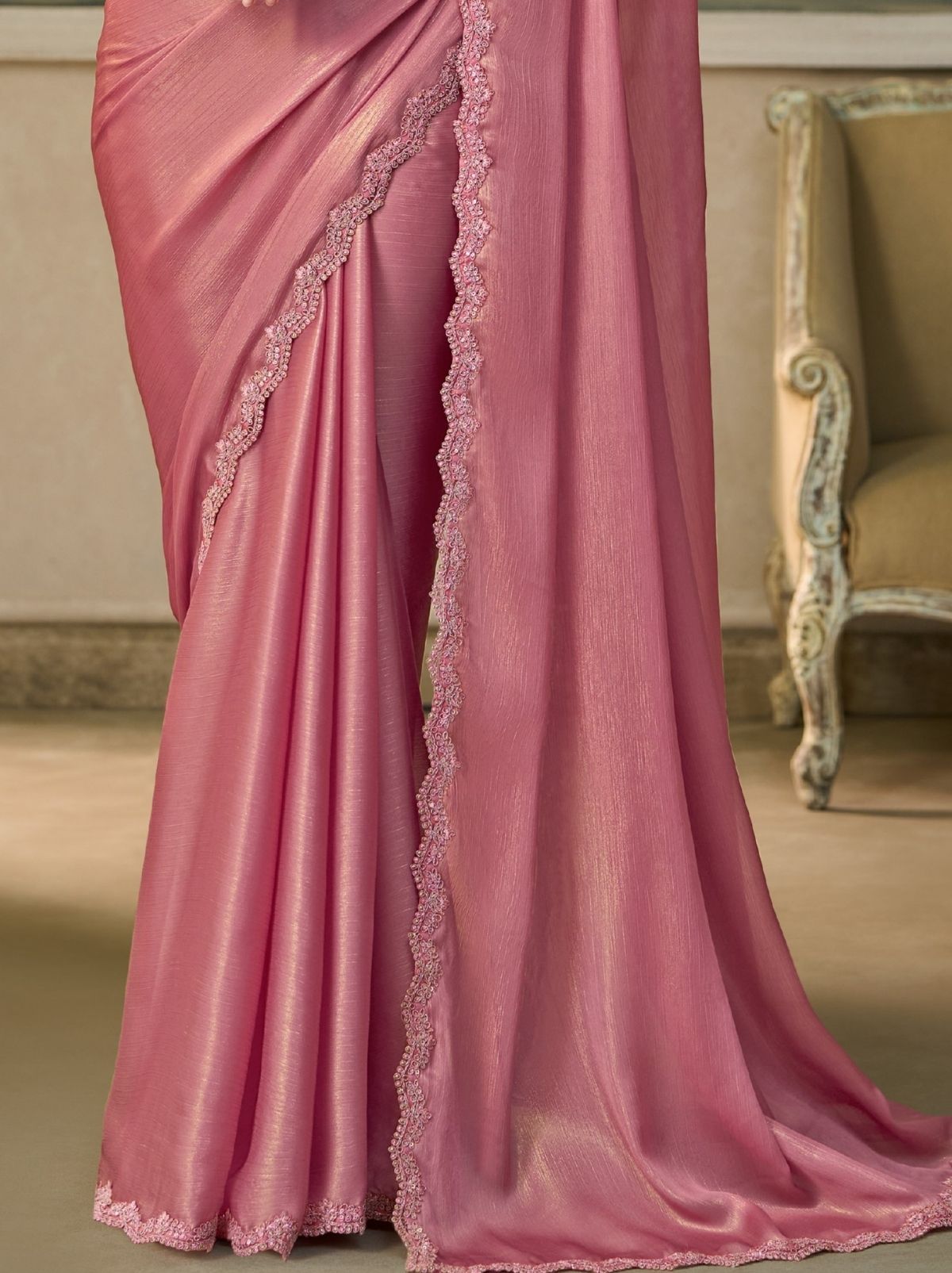 Bubblegum Pink Couture Sequin Saree & Net Blouse With Premium Base Liner