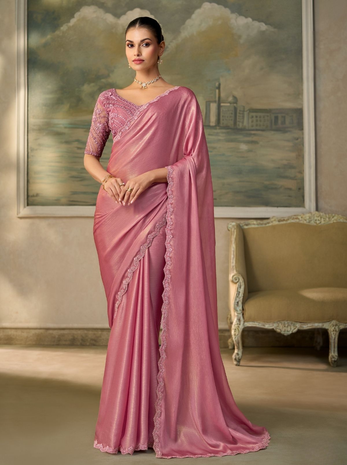 Bubblegum Pink Couture Sequin Saree with Zari Artistry