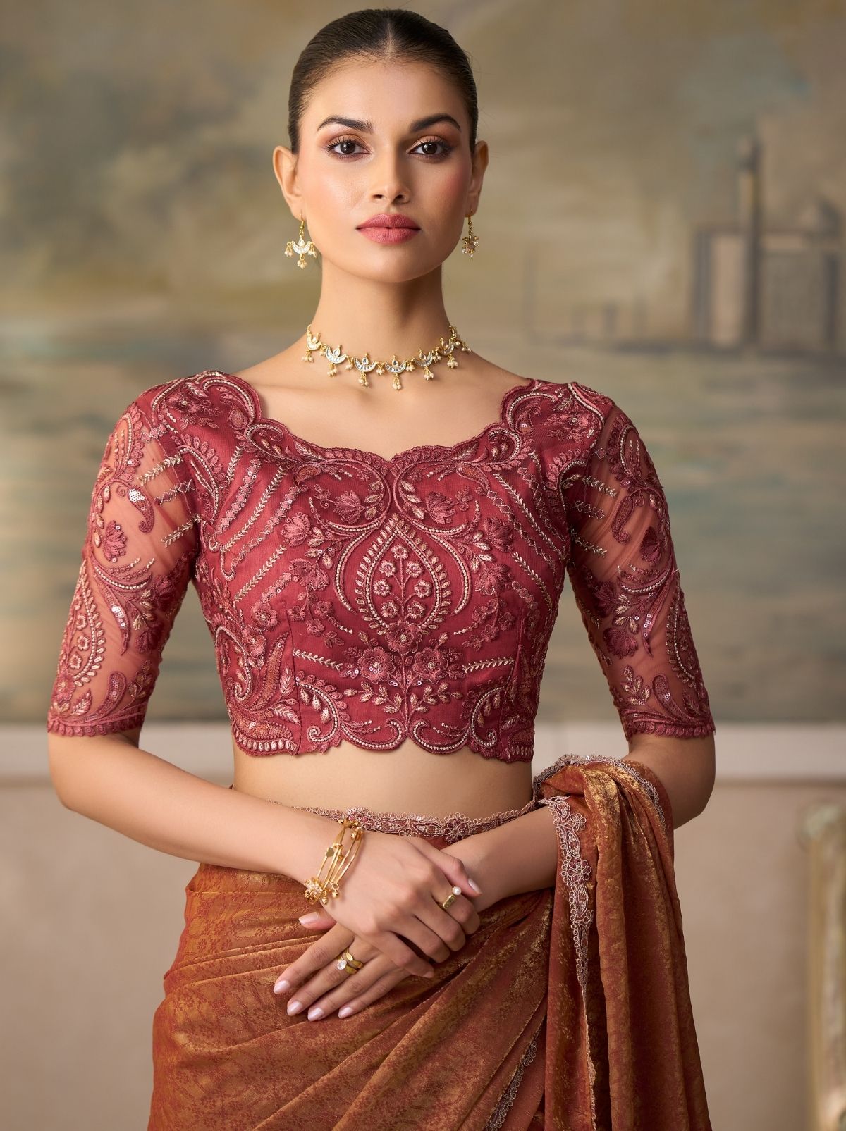 Coral Pink Couture Sequin Saree & Net Blouse With Premium Base Liner